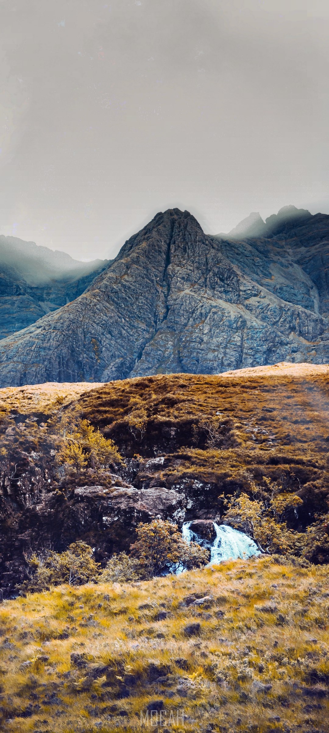 Mountain range with waterfall and grassy hills HD Phone Wallpaper