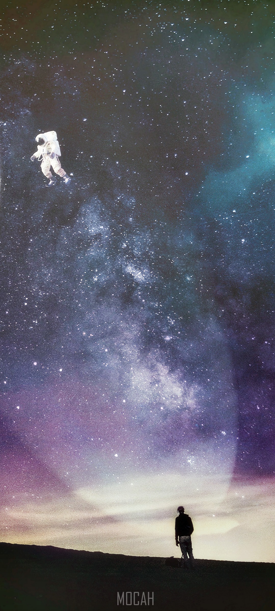 Astronaut floating in space above a person on a hill HD Phone Wallpaper
