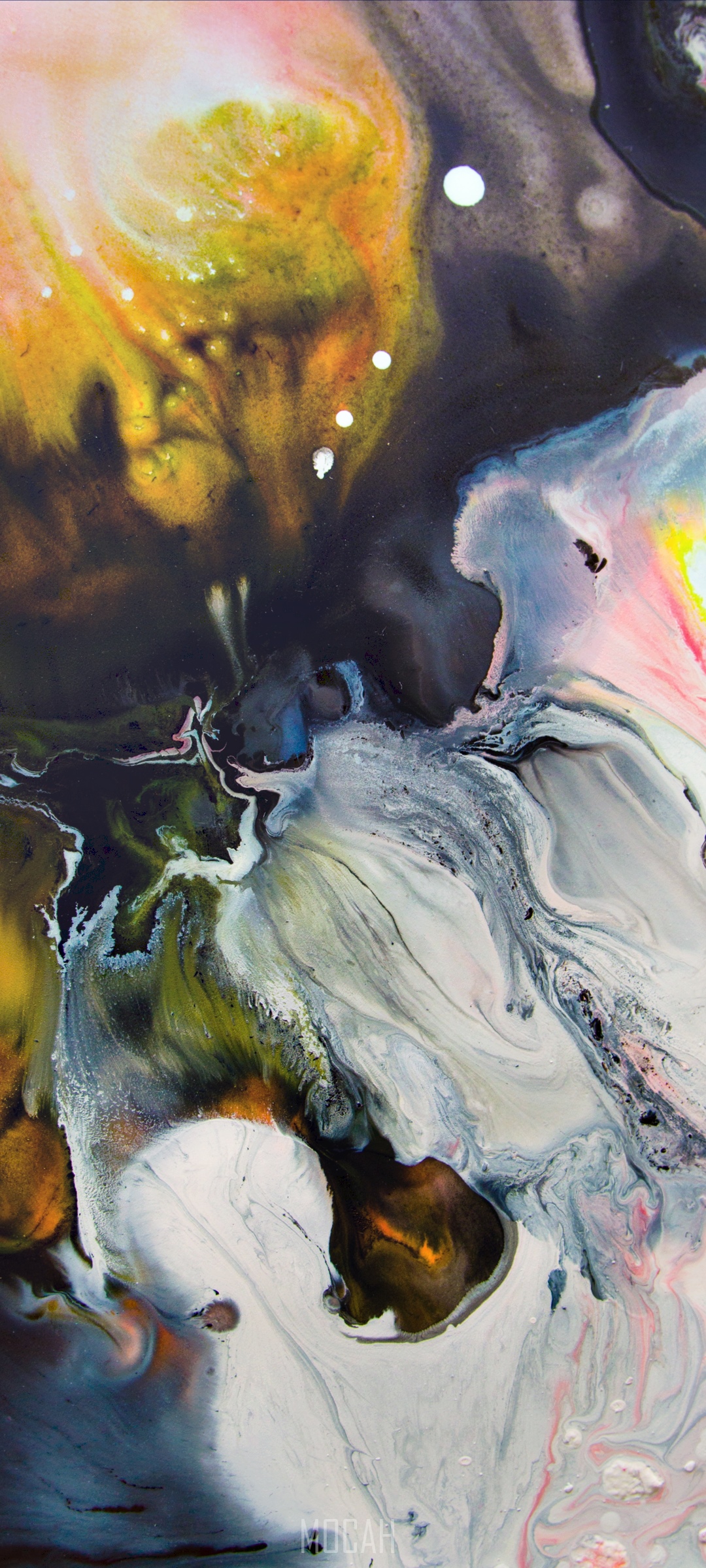 Abstract acrylic paint pour with yellow, black, and white. HD Phone Wallpaper