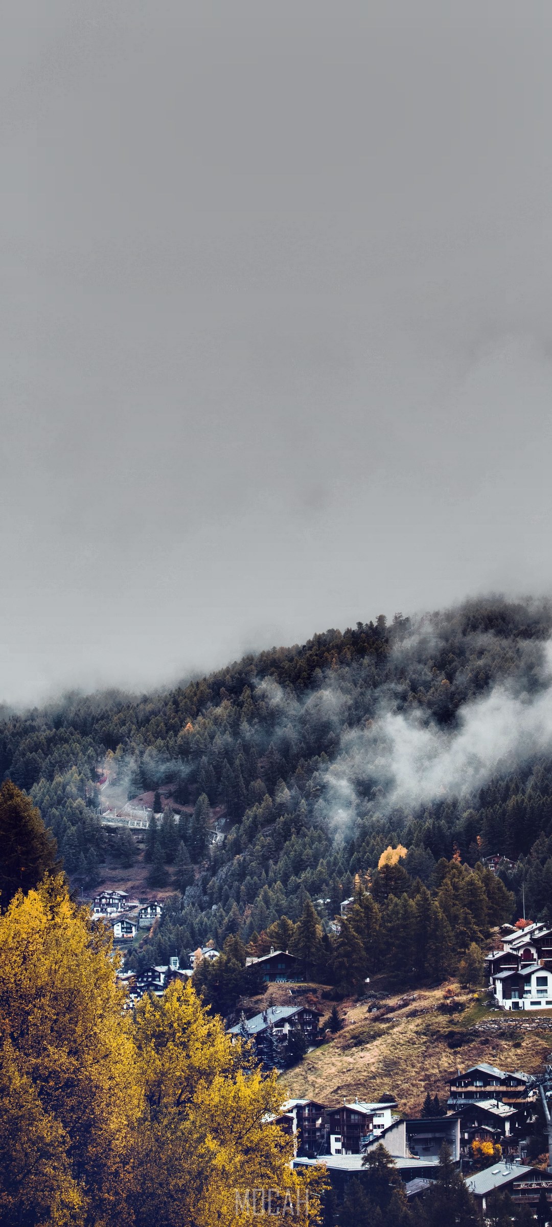 Mountain village with forest and fog HD Phone Wallpaper