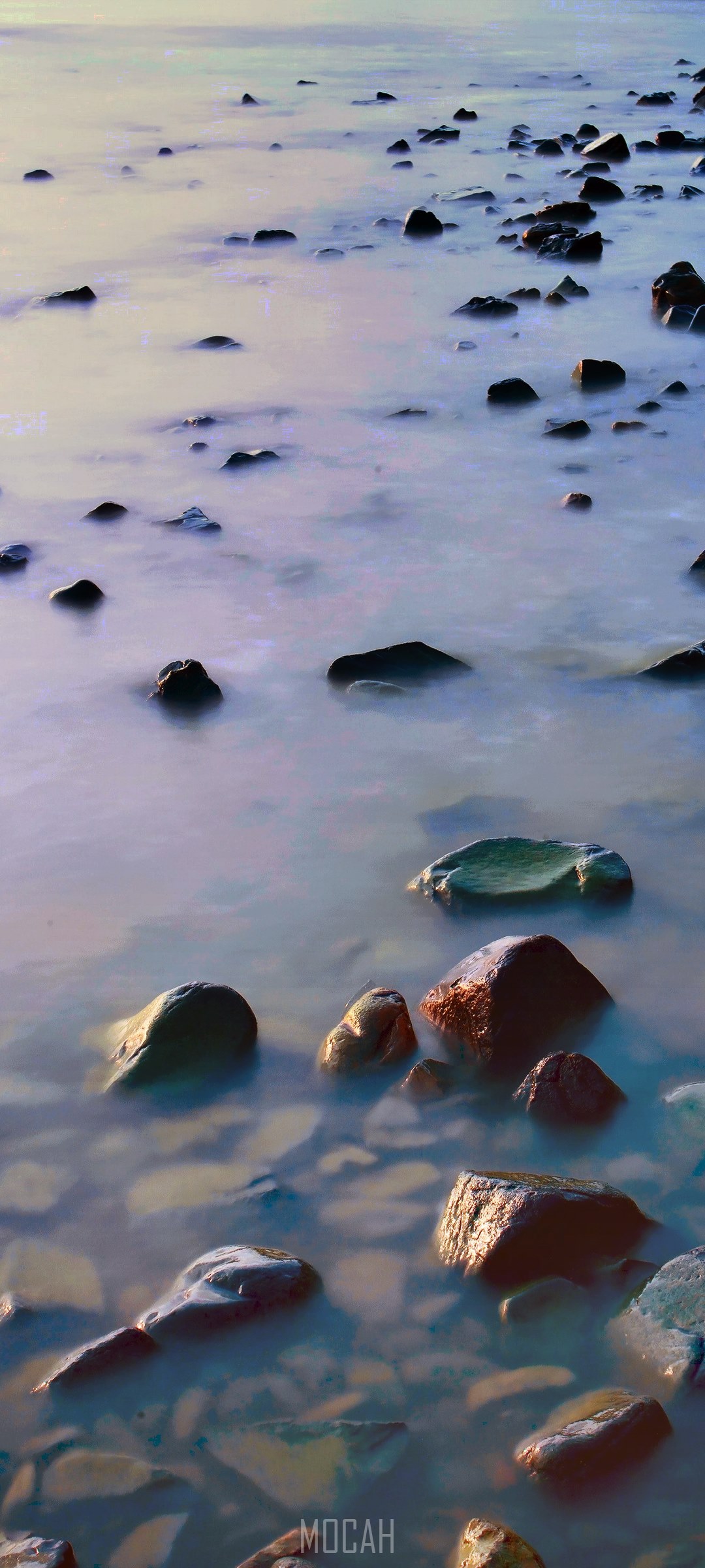 Rocks in misty water at dusk HD Phone Wallpaper