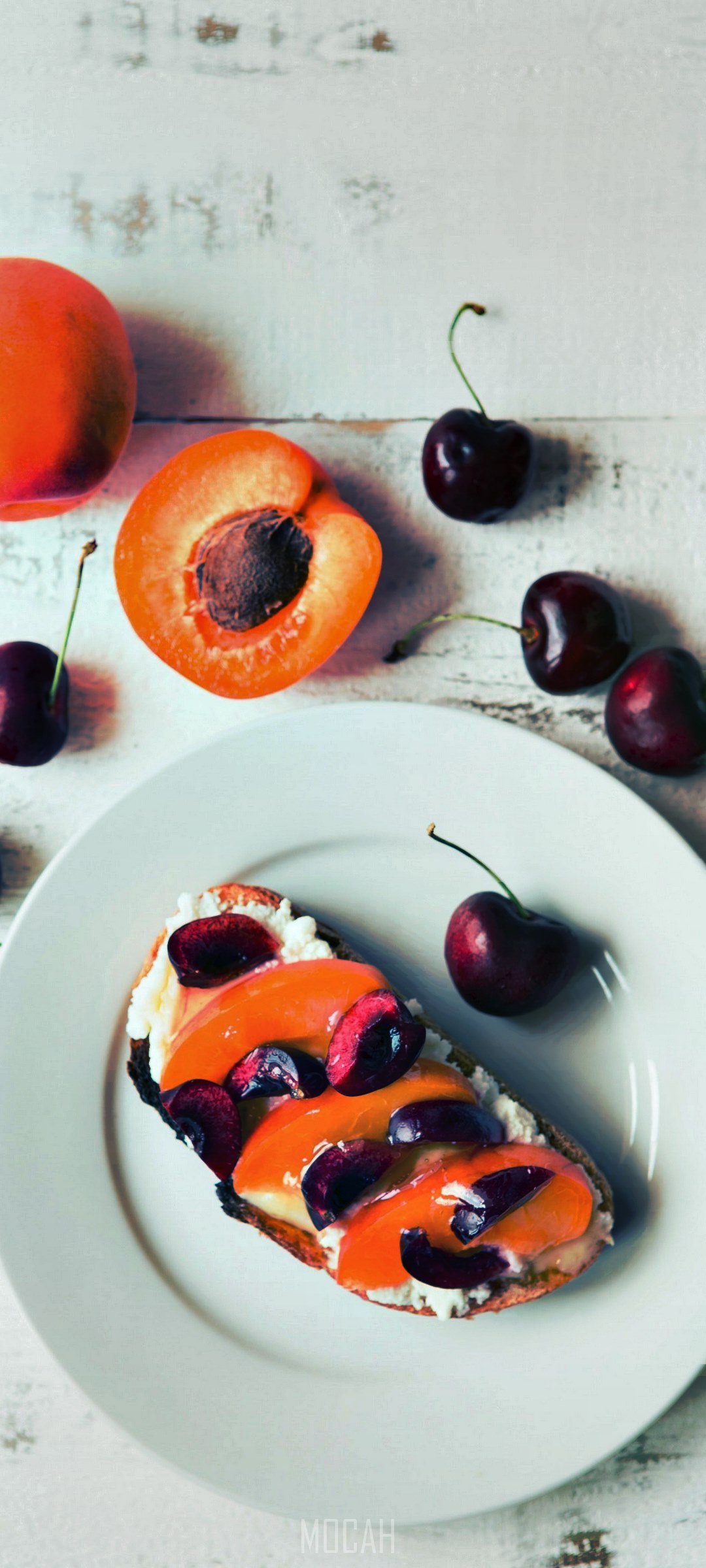 Apricots and cherries on toast with fresh fruit HD Phone Wallpaper