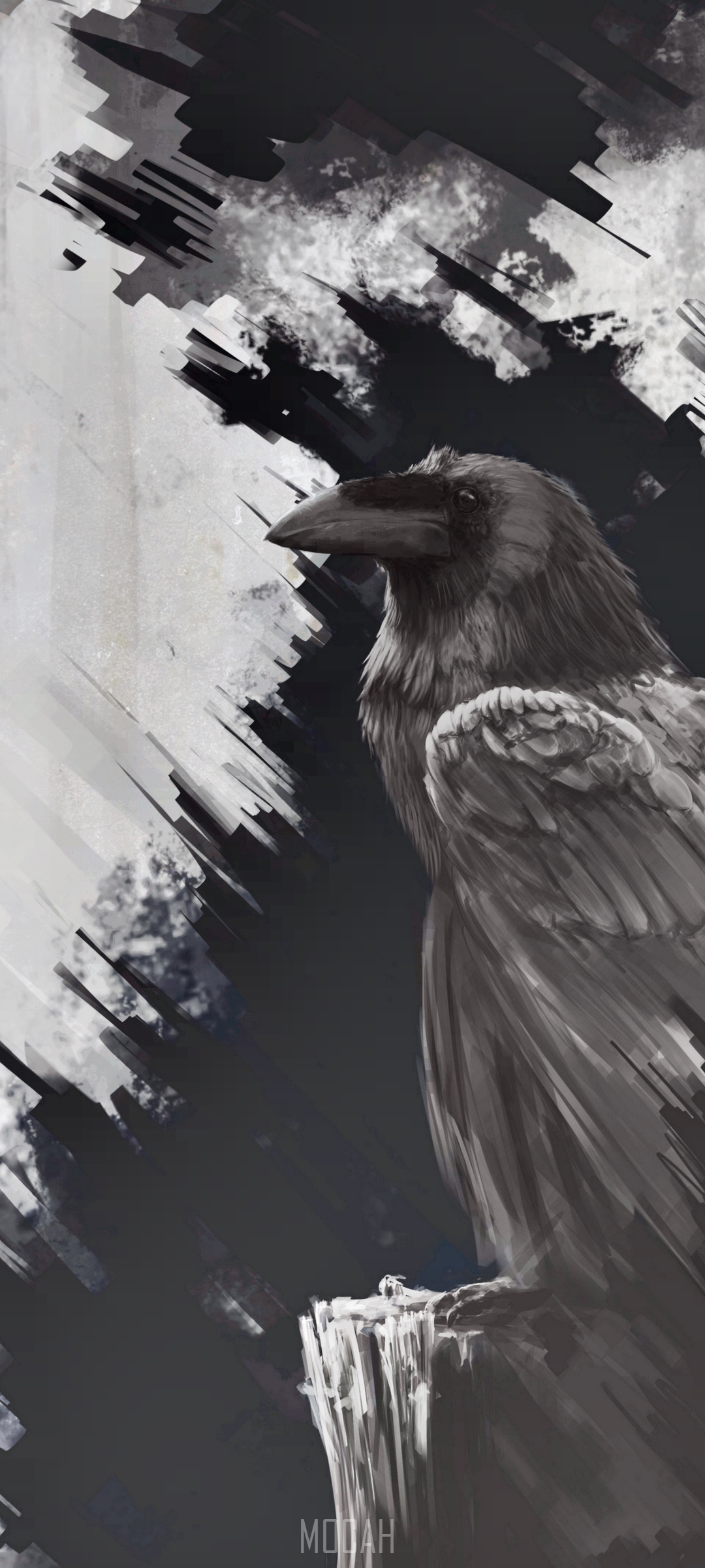 Raven perched on a wooden post with abstract background HD Phone Wallpaper