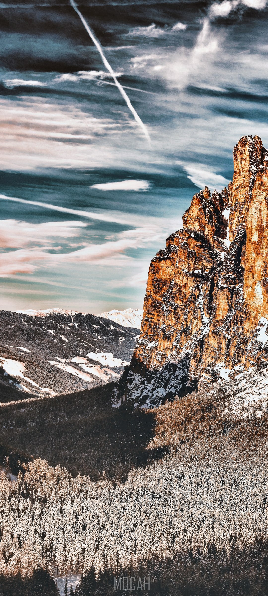 Snowy mountain landscape with orange rock face HD Phone Wallpaper