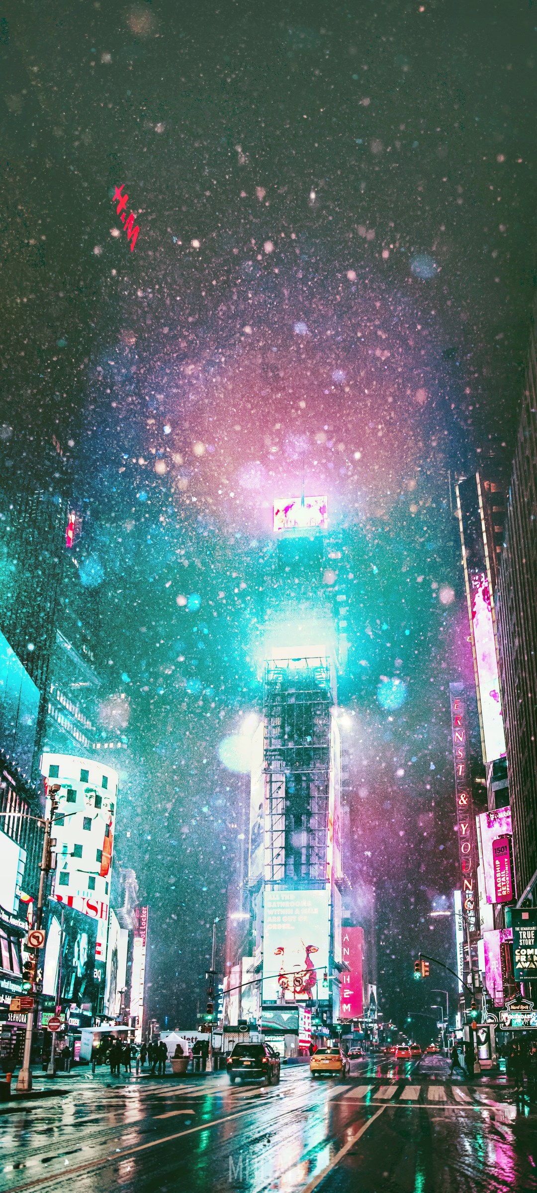 Times Square at Night with Galaxy Overlay HD Phone Wallpaper