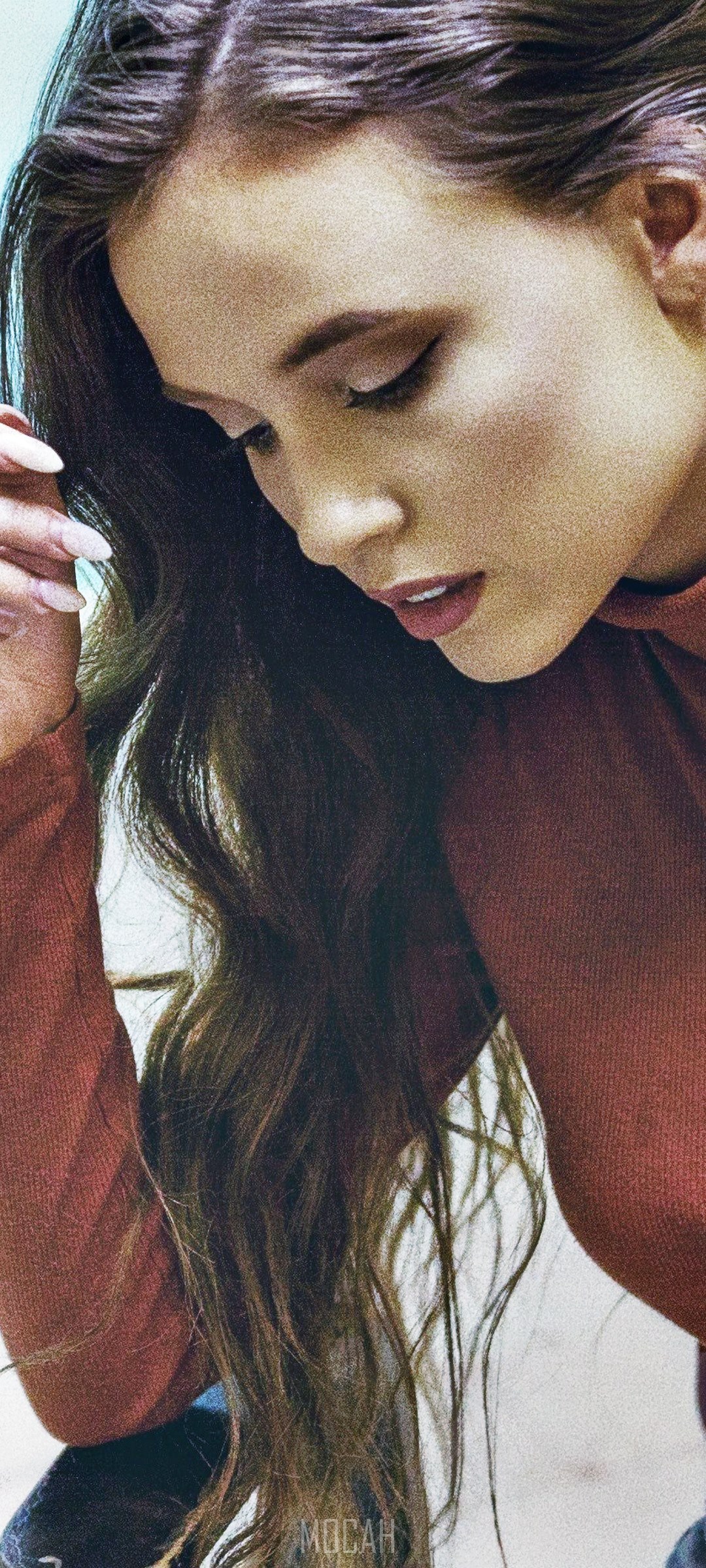 Woman with long brown hair wearing a rust-colored top HD Phone Wallpaper