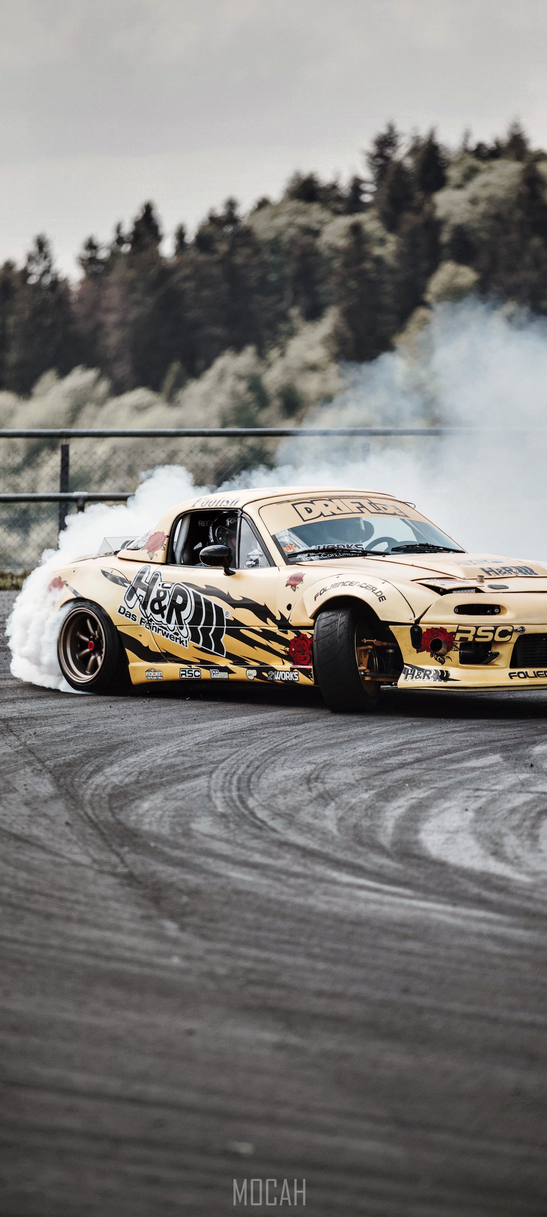 Yellow Mazda MX-5 Drifting with Smoke HD Phone Wallpaper