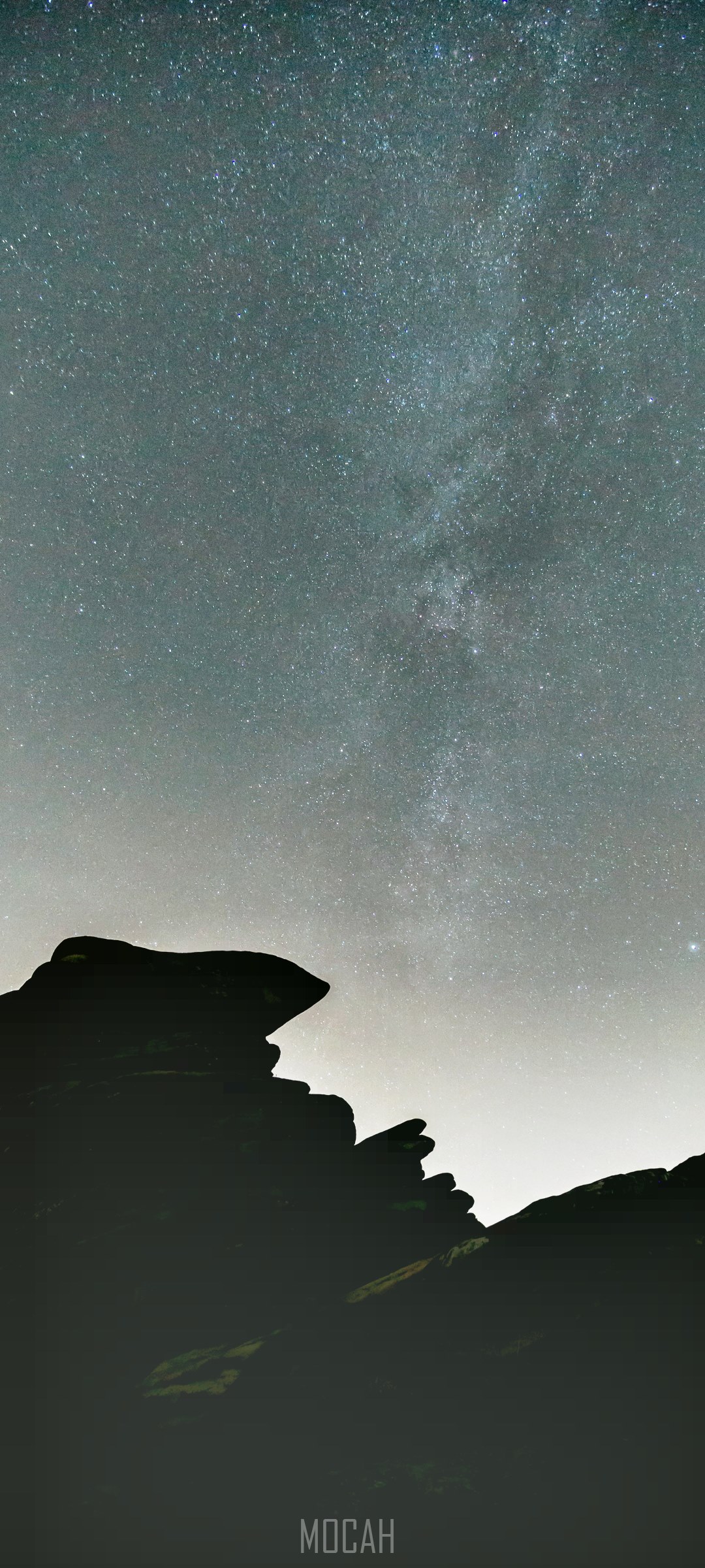 Starry sky over rocky silhouette HD Phone Wallpaper