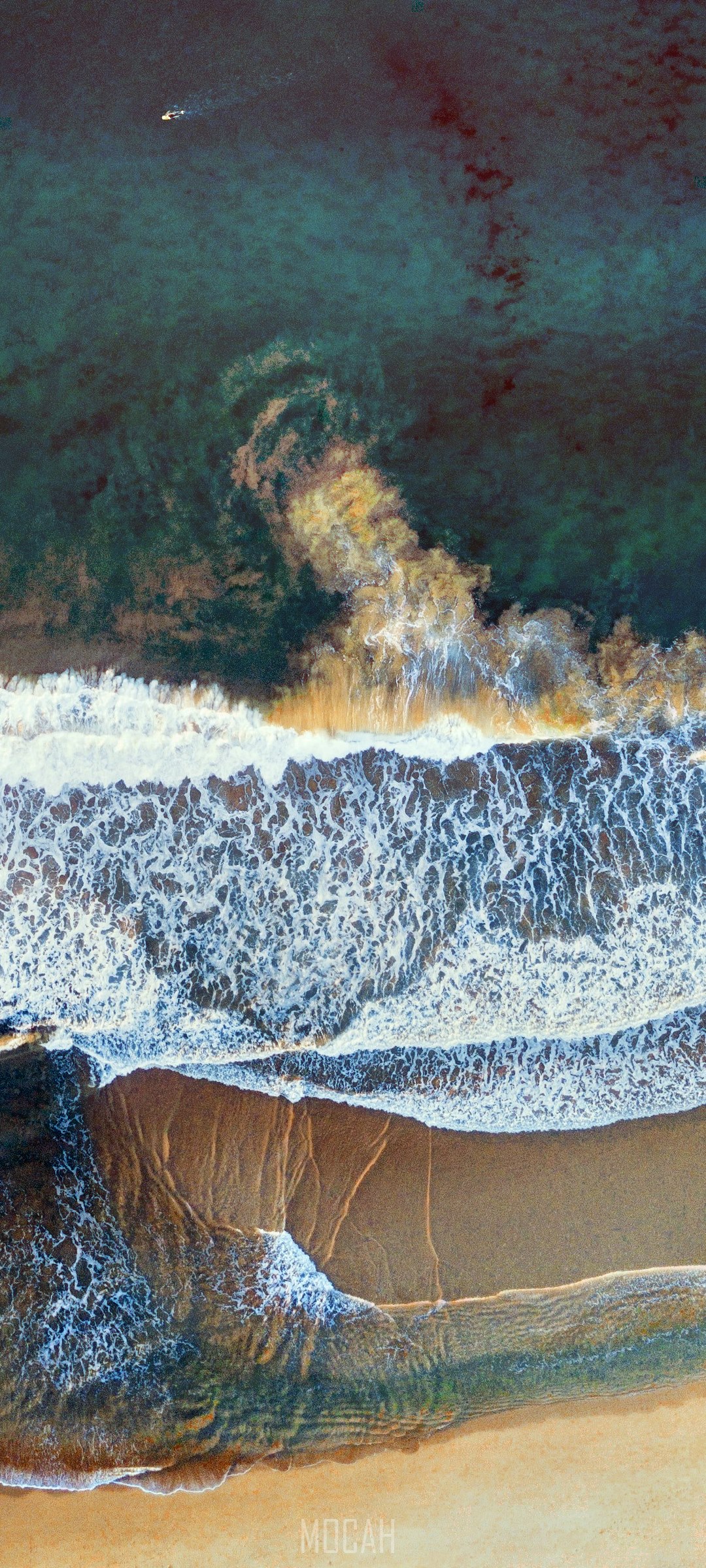 Aerial view of ocean waves crashing on a sandy beach HD Phone Wallpaper