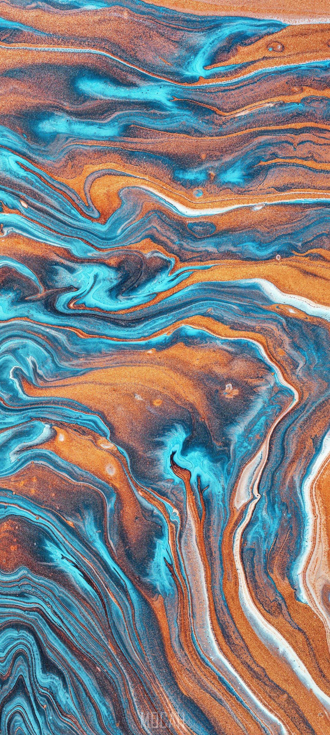 Abstract fluid art with blue and copper swirls HD Phone Wallpaper