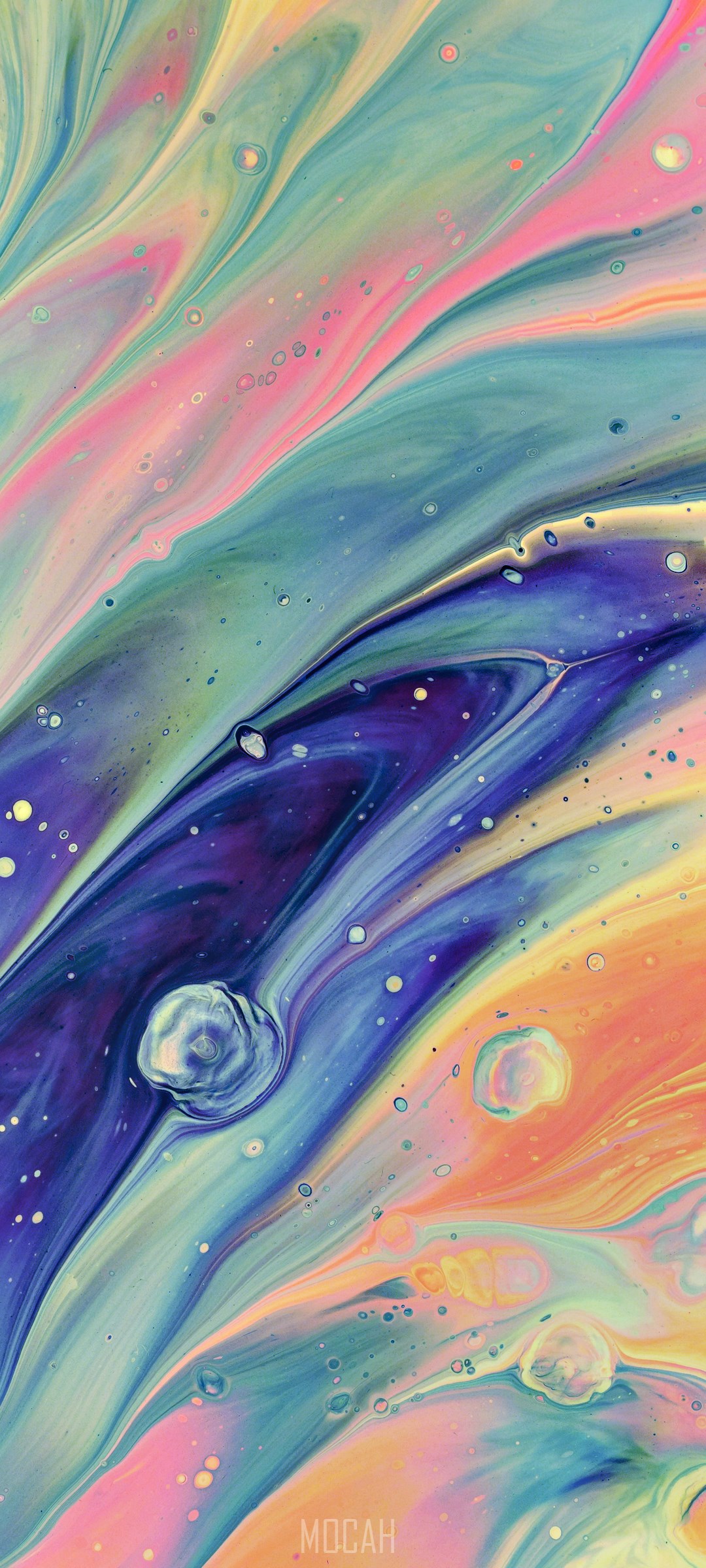 Abstract paint pour with blue, pink, and yellow swirls HD Phone Wallpaper