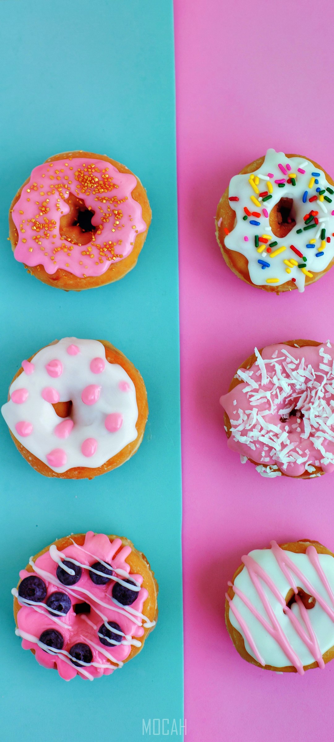 Six colorful donuts on a split background HD Phone Wallpaper