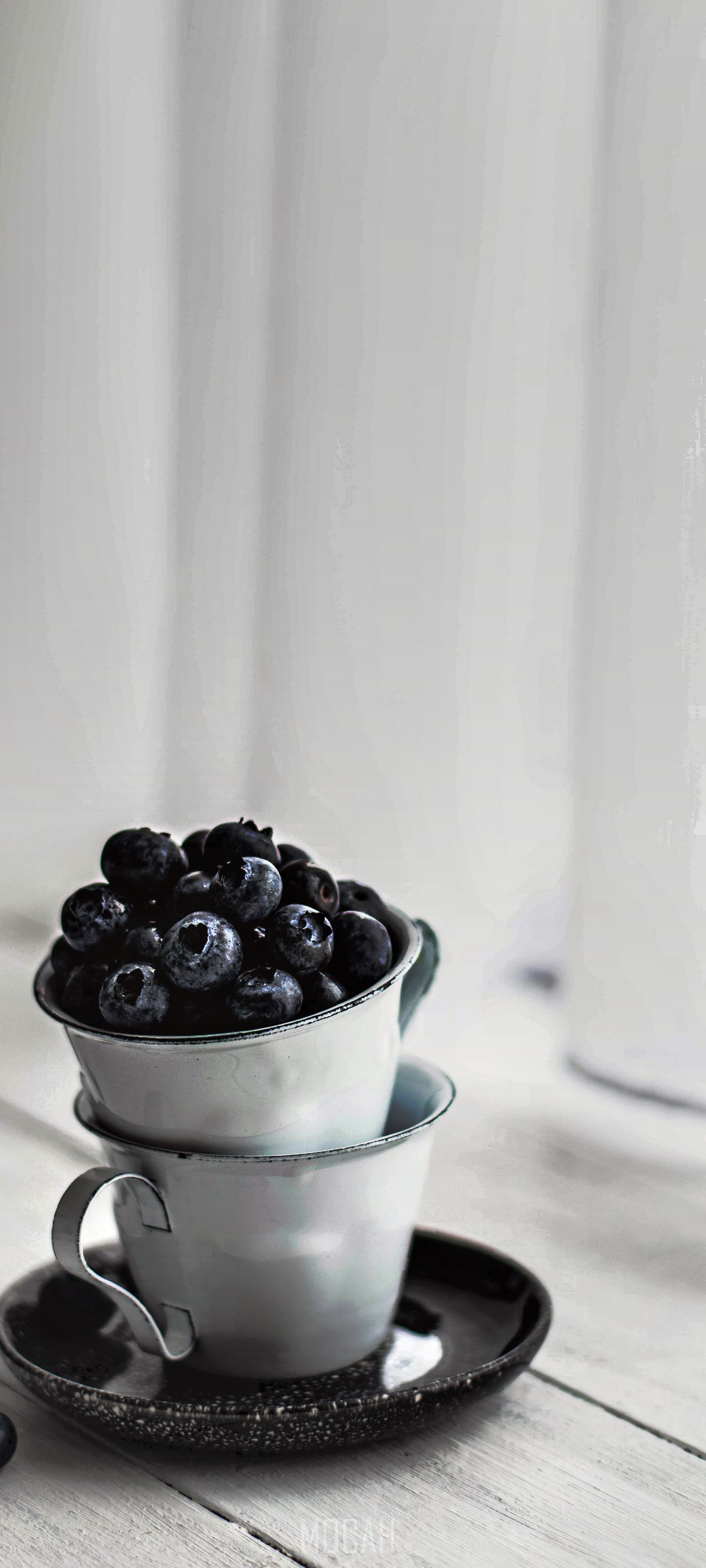Blueberries in cups on a saucer HD Phone Wallpaper