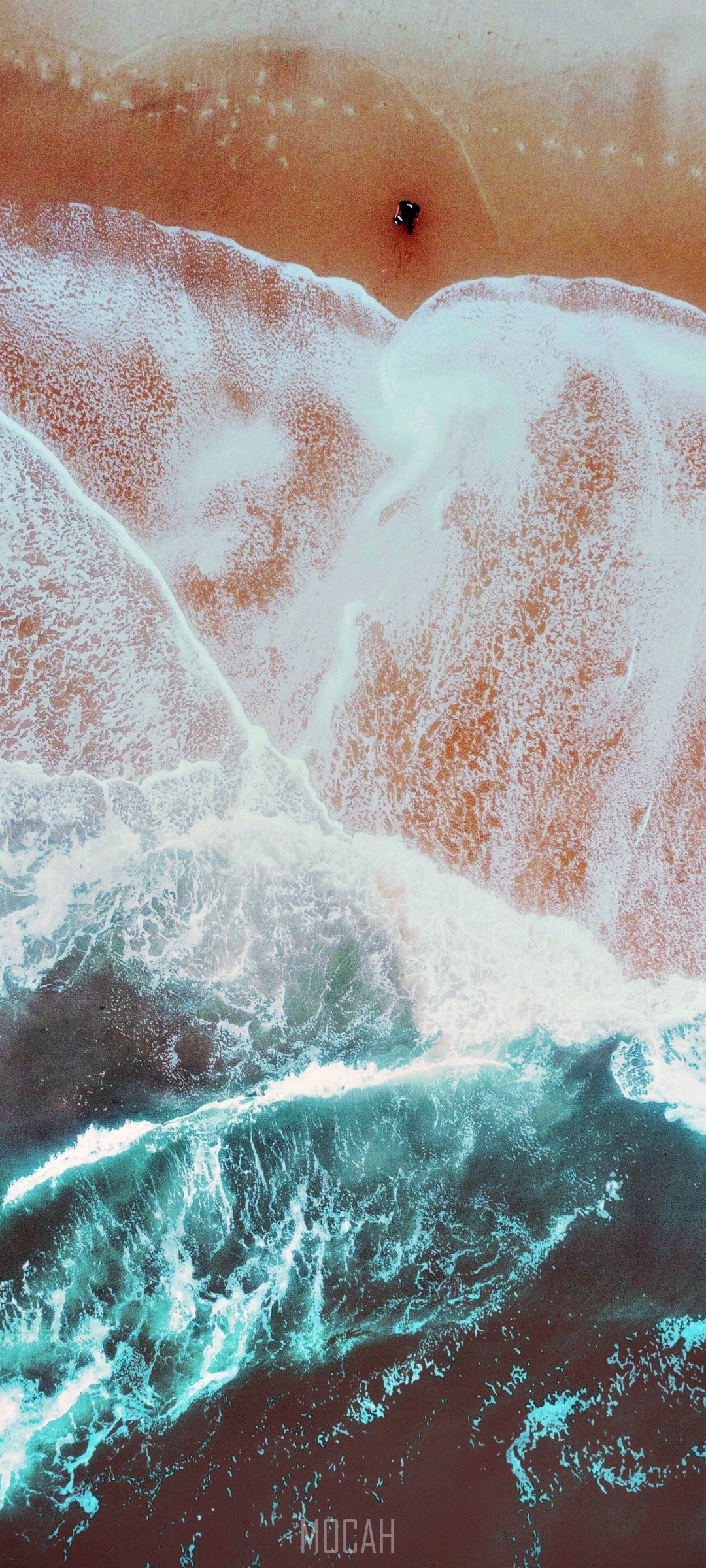 Aerial view of a person on a beach with waves HD Phone Wallpaper