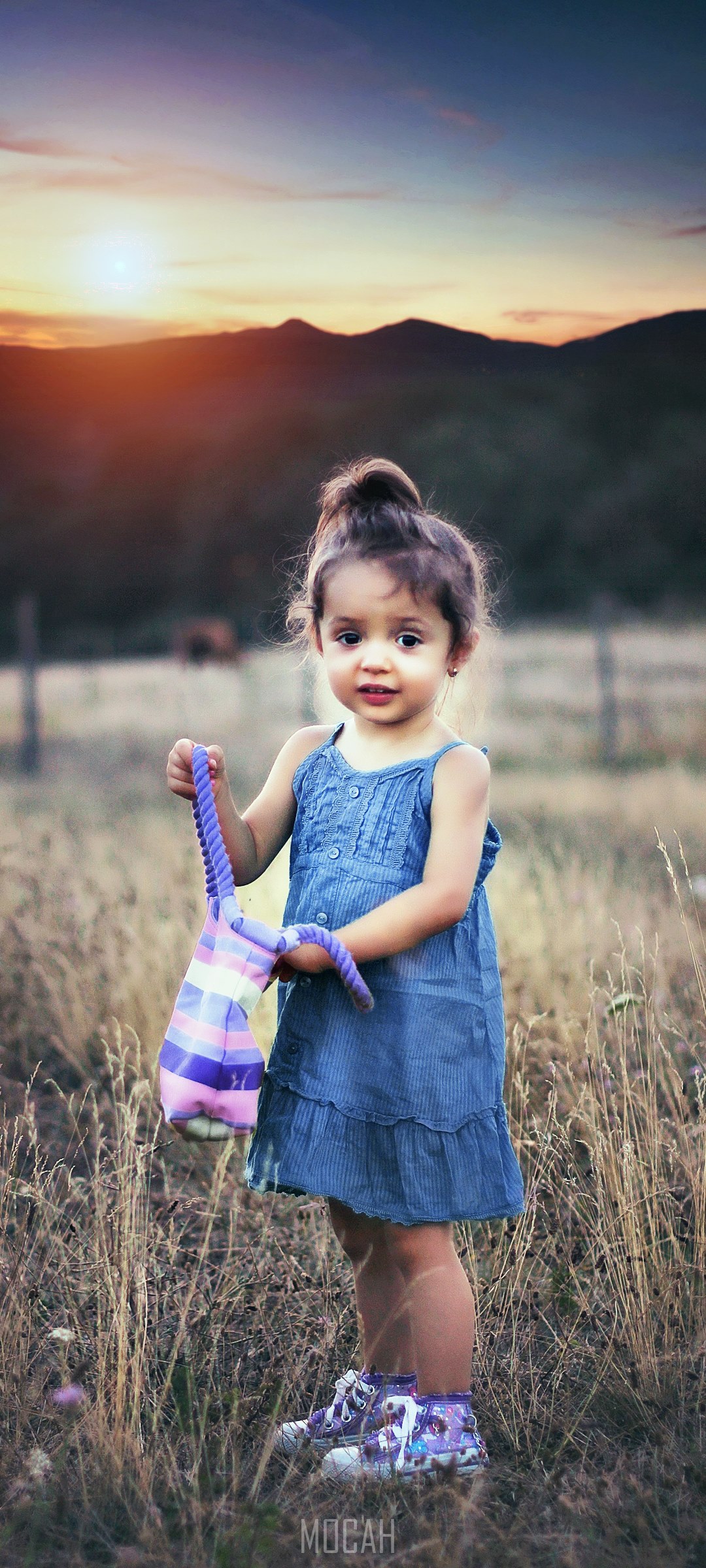 Young girl holding a toy in a field at sunset HD Phone Wallpaper