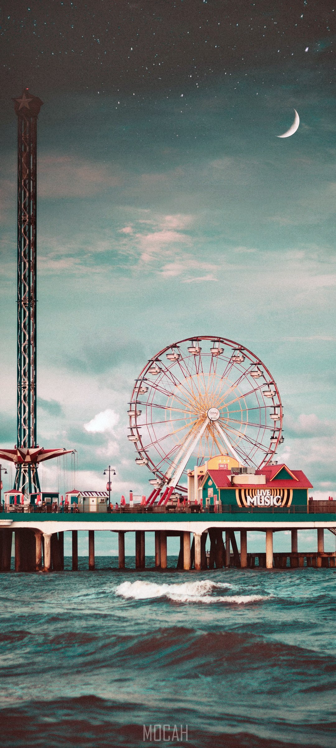 Amusement park pier with Ferris wheel and tower at night HD Phone Wallpaper