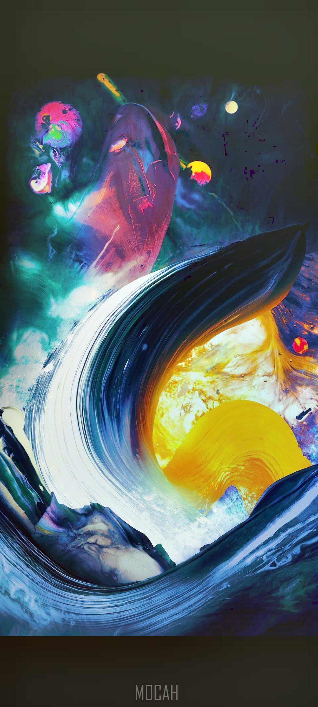 Abstract cosmic art with swirling colors and planets HD Phone Wallpaper