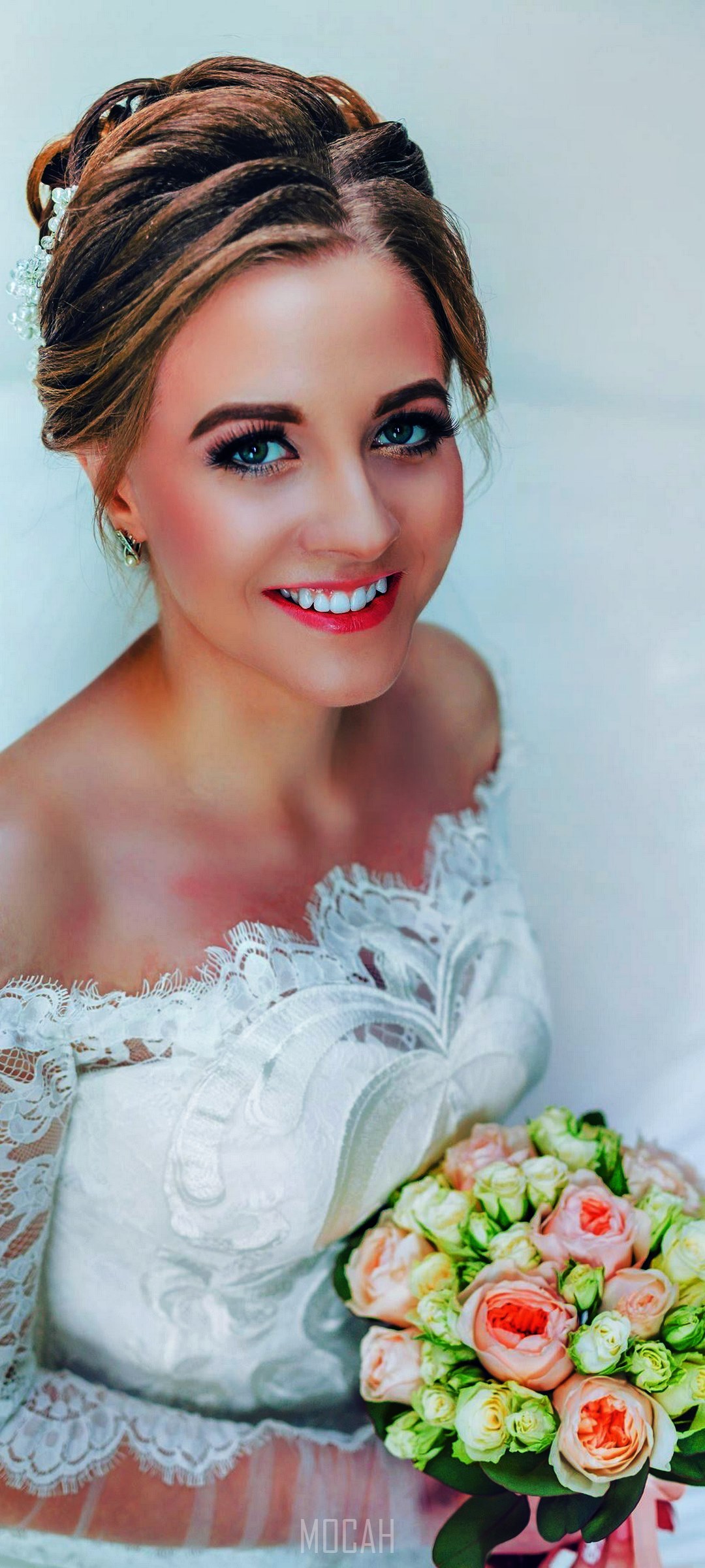 Bride in white dress holding a bouquet HD Phone Wallpaper