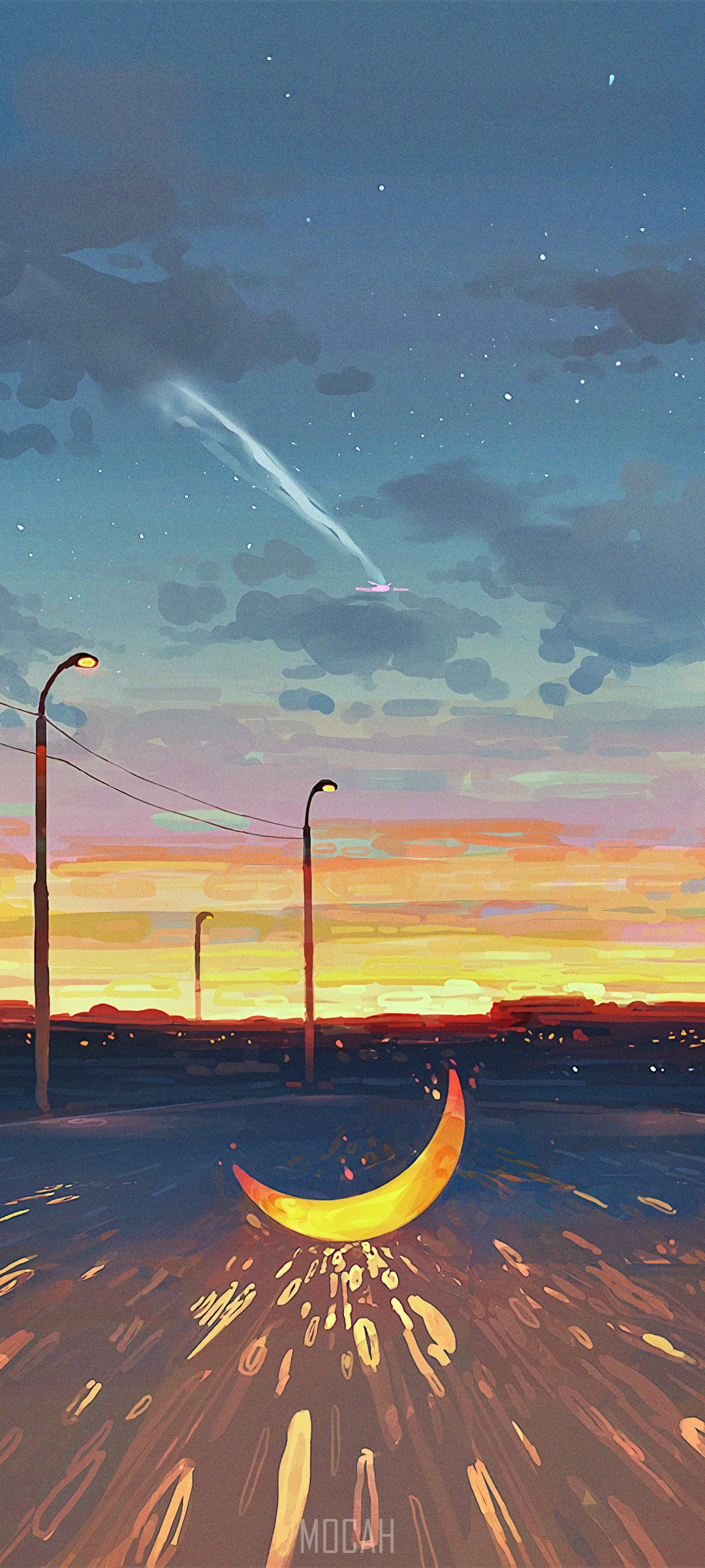 Crescent moon on a road with streetlights and a comet HD Phone Wallpaper