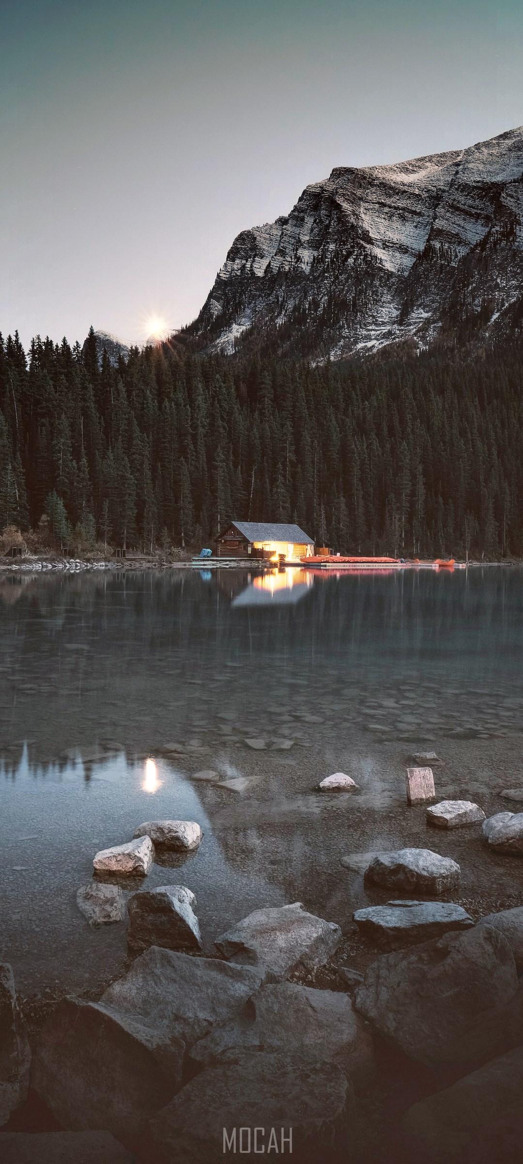 Cabin on a lake with mountains and forest HD Phone Wallpaper