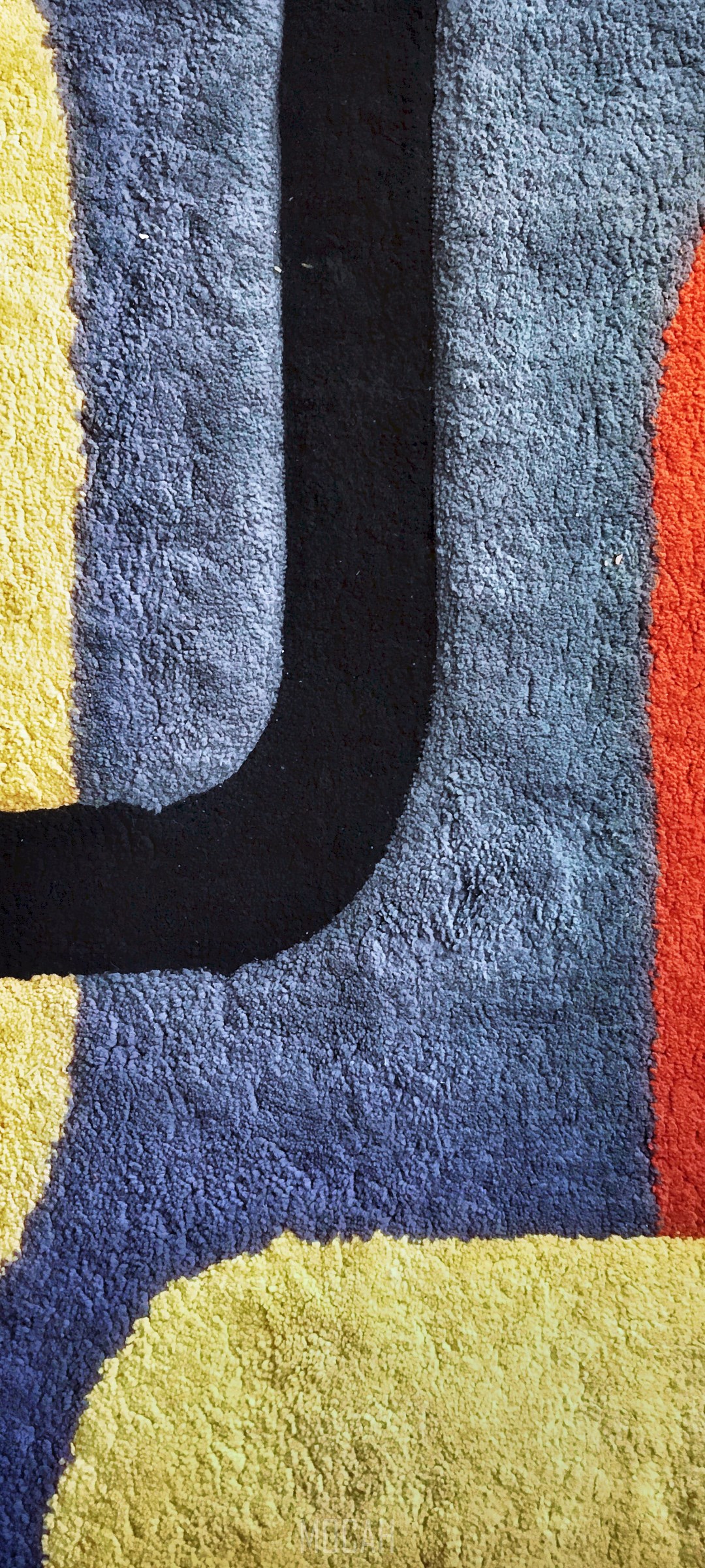 Abstract rug with yellow, blue, black, and orange shapes HD Phone Wallpaper