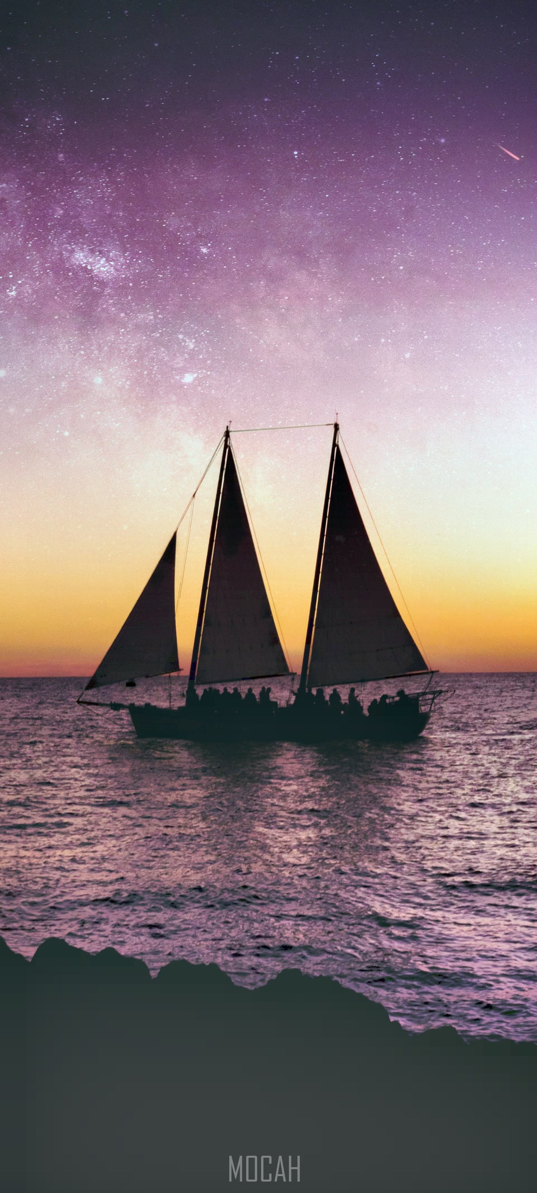 Sailboat sailing under a starry sky at sunset HD Phone Wallpaper