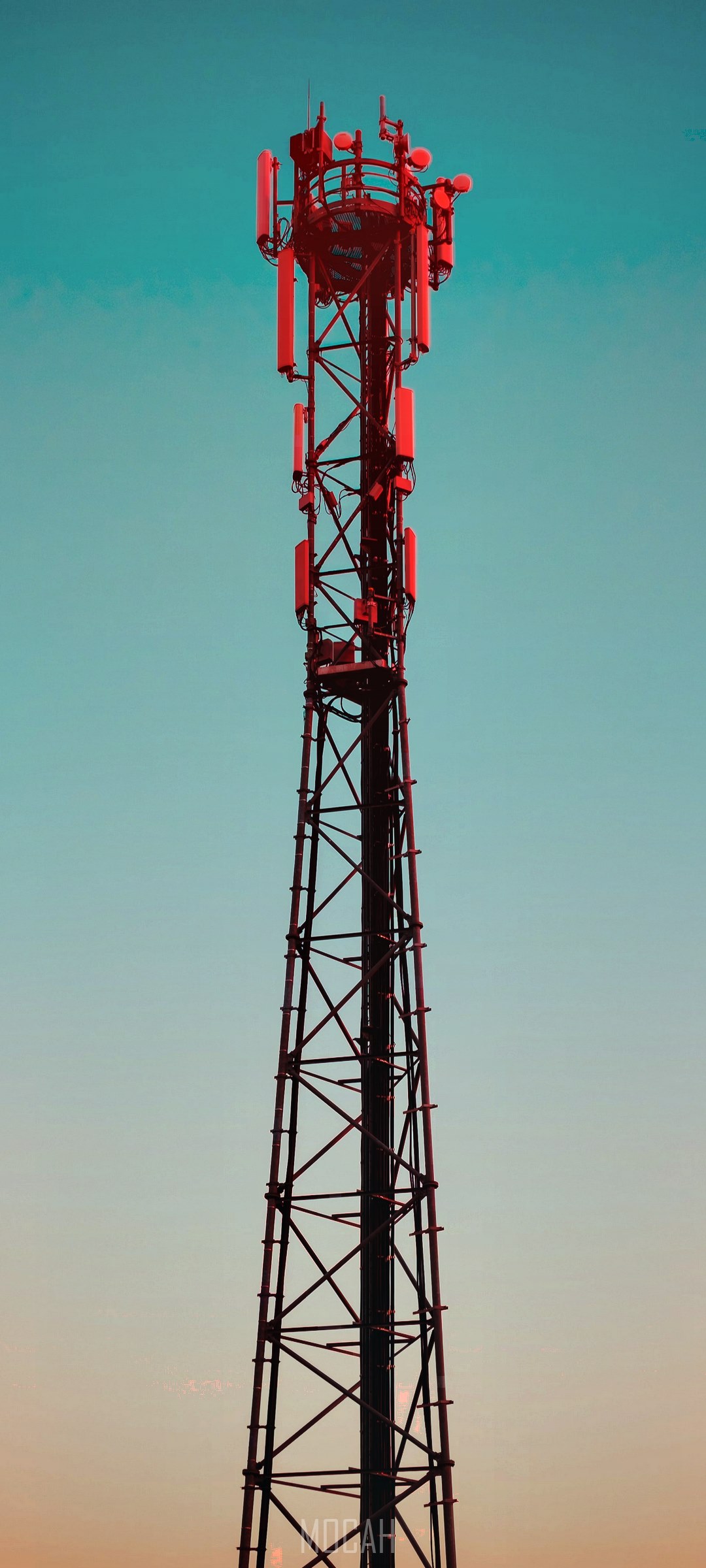 Telecom tower with red antennas against a gradient sky HD Phone Wallpaper