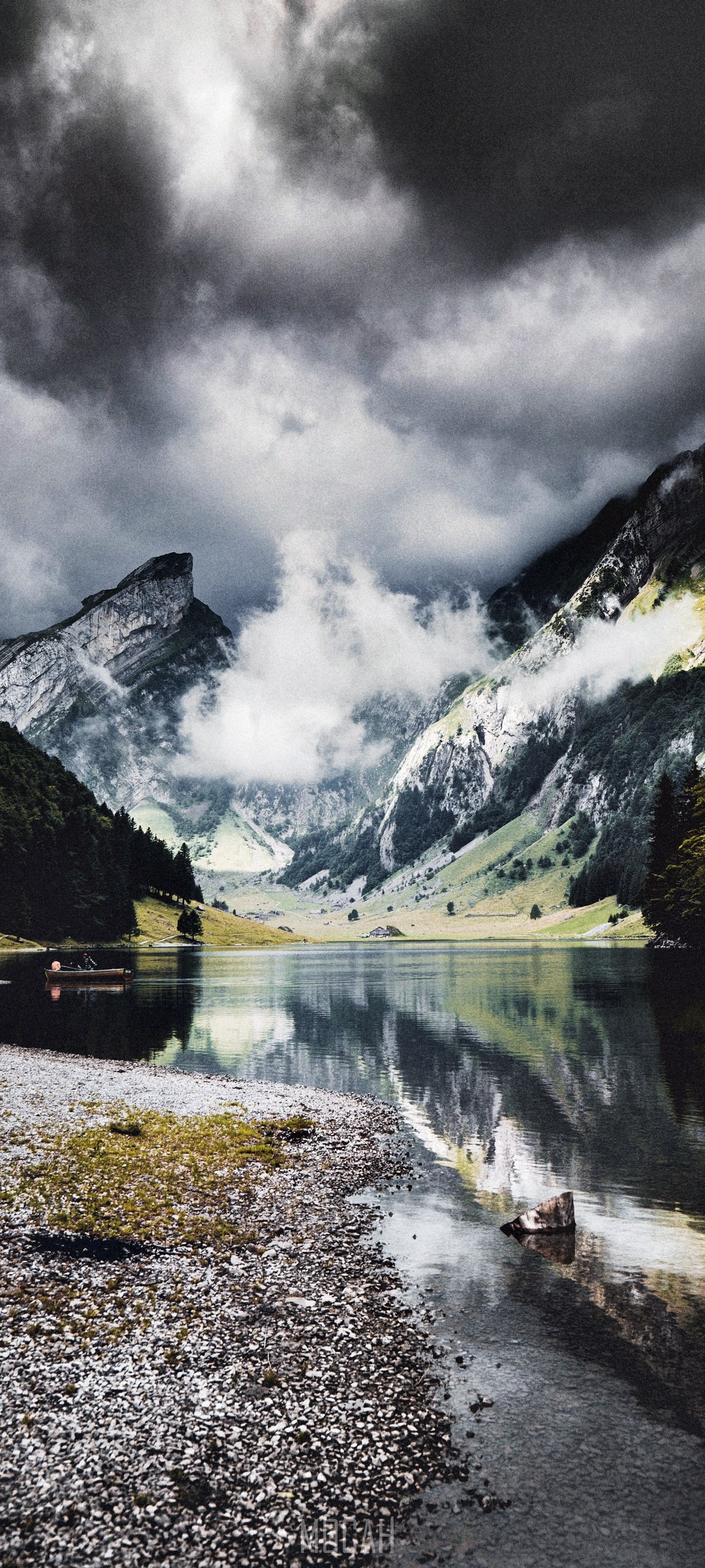 Mountain lake with dramatic clouds and reflections HD Phone Wallpaper