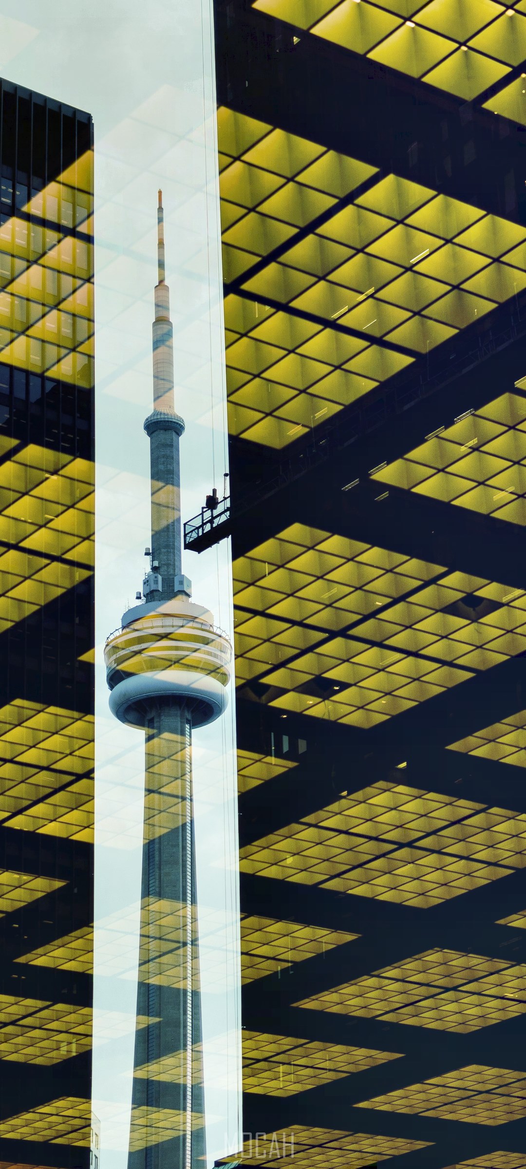 CN Tower reflection on glass and yellow building HD Phone Wallpaper