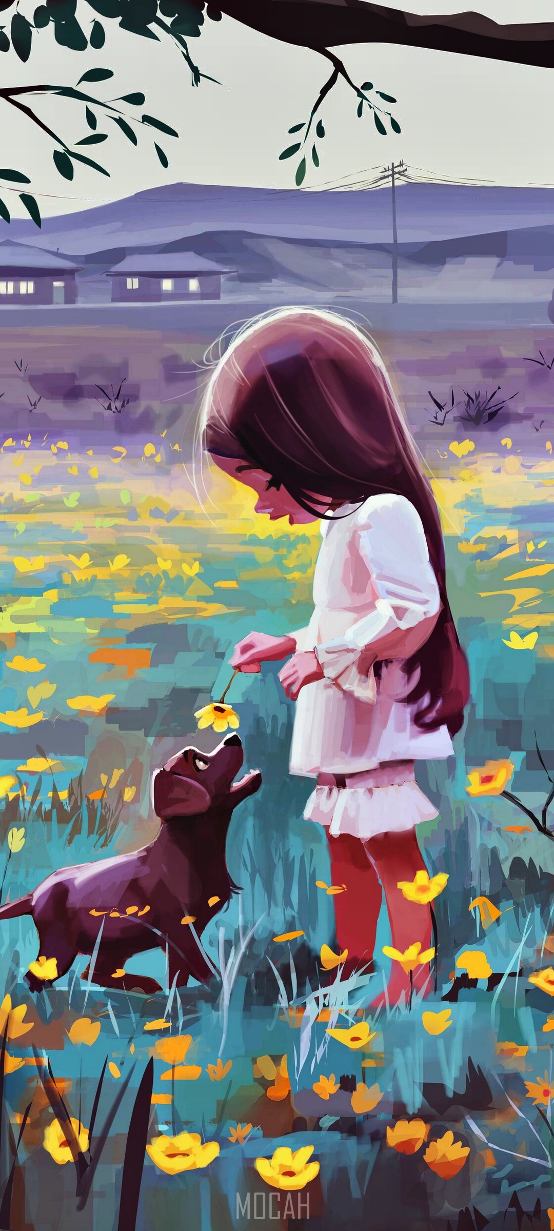 Girl and Dog in Spring Wildflower Field HD Phone Wallpaper