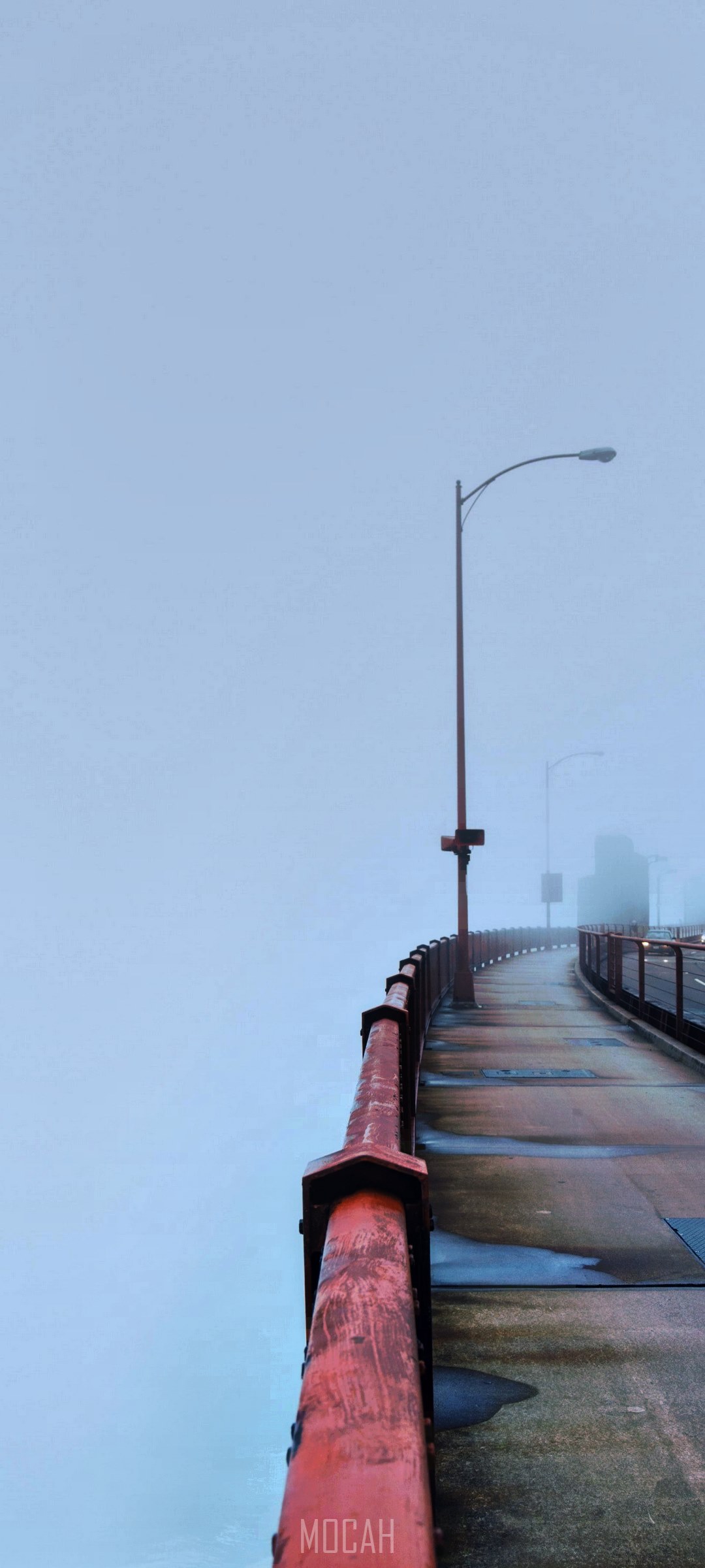 Bridge railing on a foggy day HD Phone Wallpaper