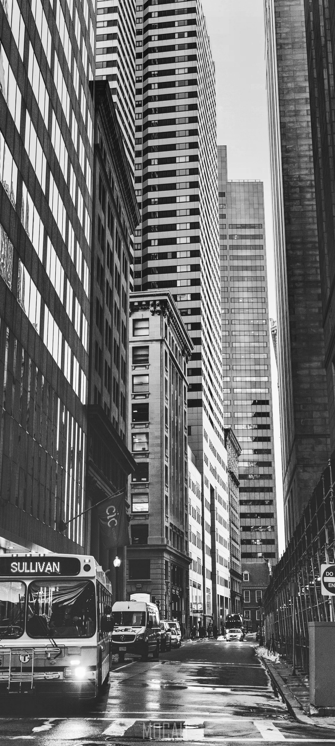 Black and white street scene with tall buildings and a bus HD Phone Wallpaper