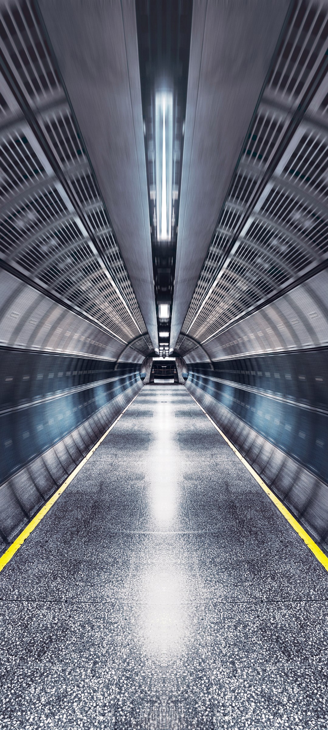 Symmetrical Subway Tunnel with Yellow Line HD Phone Wallpaper