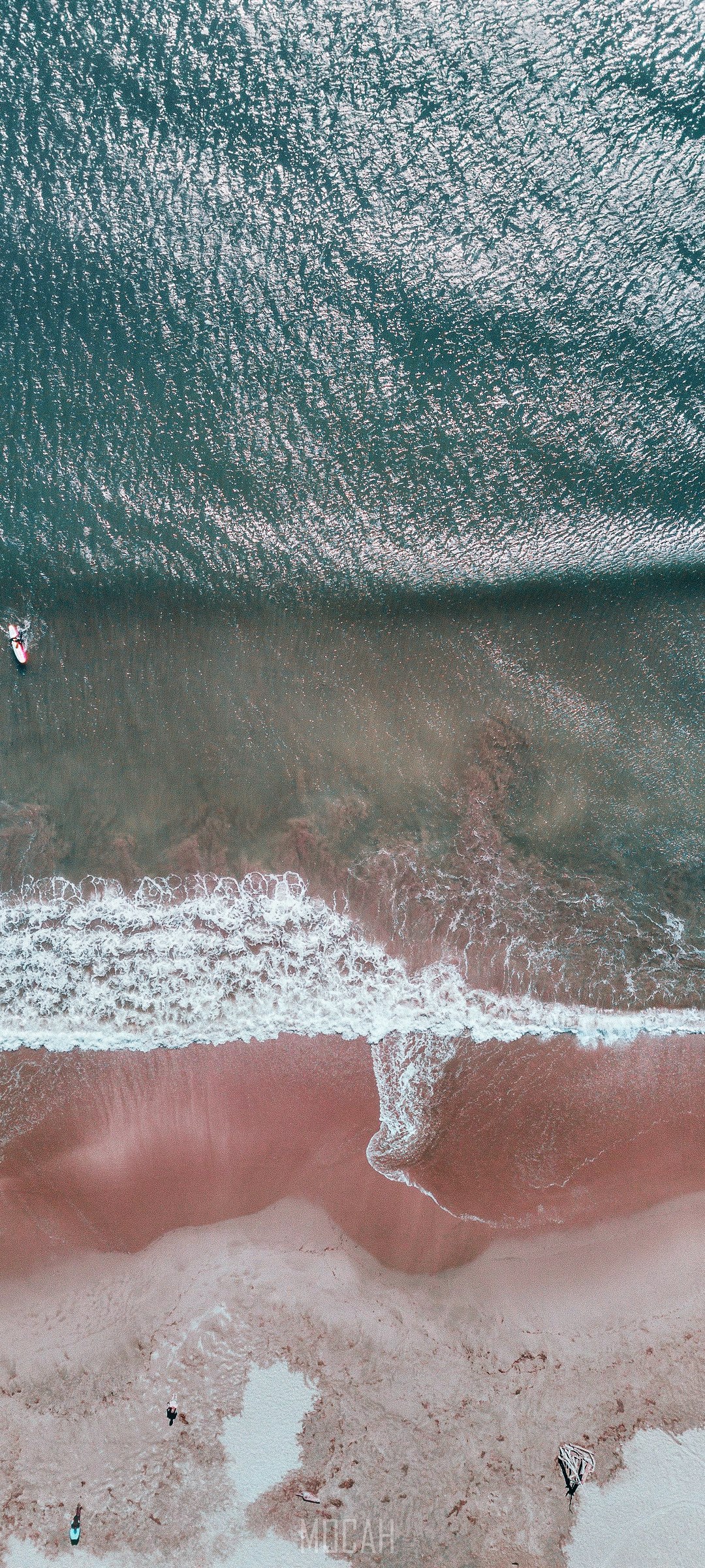 Aerial view of a beach with waves and people HD Phone Wallpaper