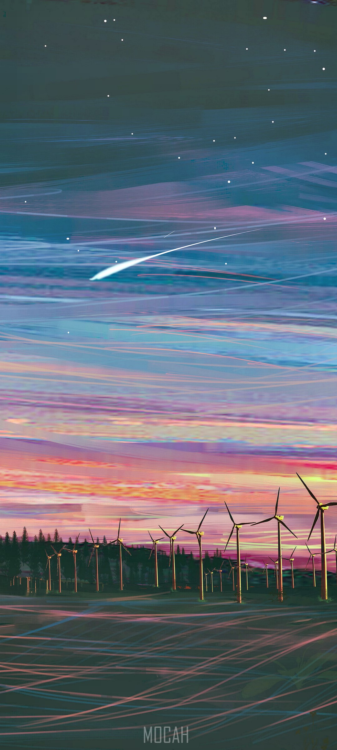 Wind turbines at dusk with a shooting star HD Phone Wallpaper