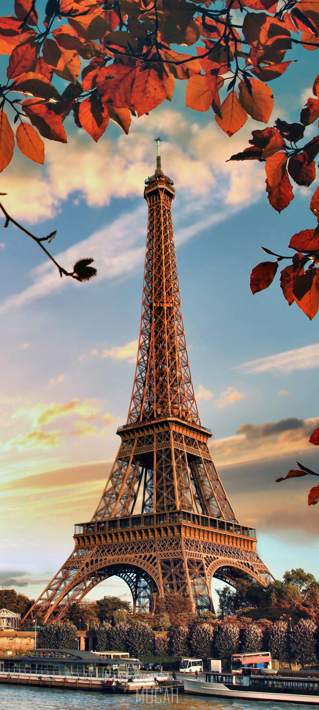 Eiffel Tower with Autumn Leaves and River HD Phone Wallpaper