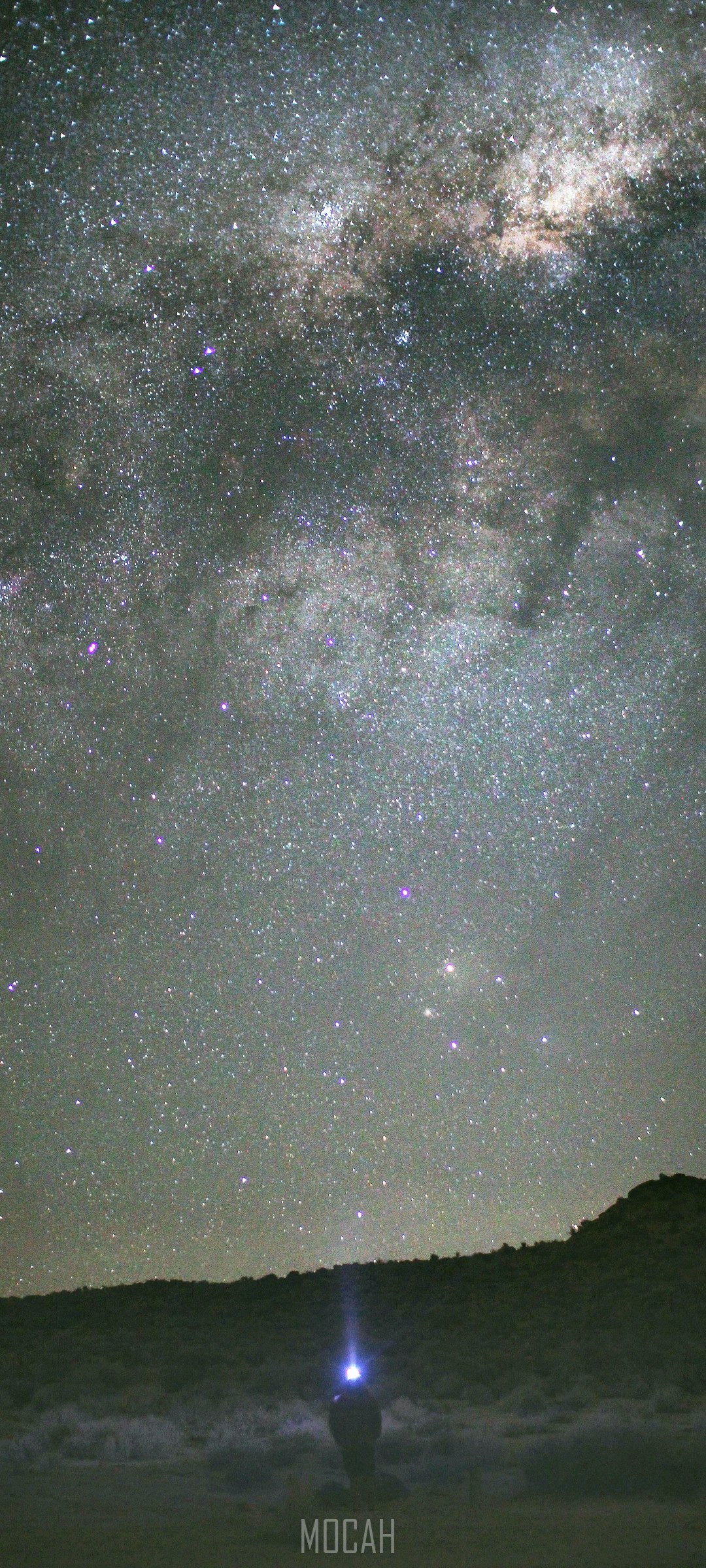 Person with headlamp under the Milky Way HD Phone Wallpaper