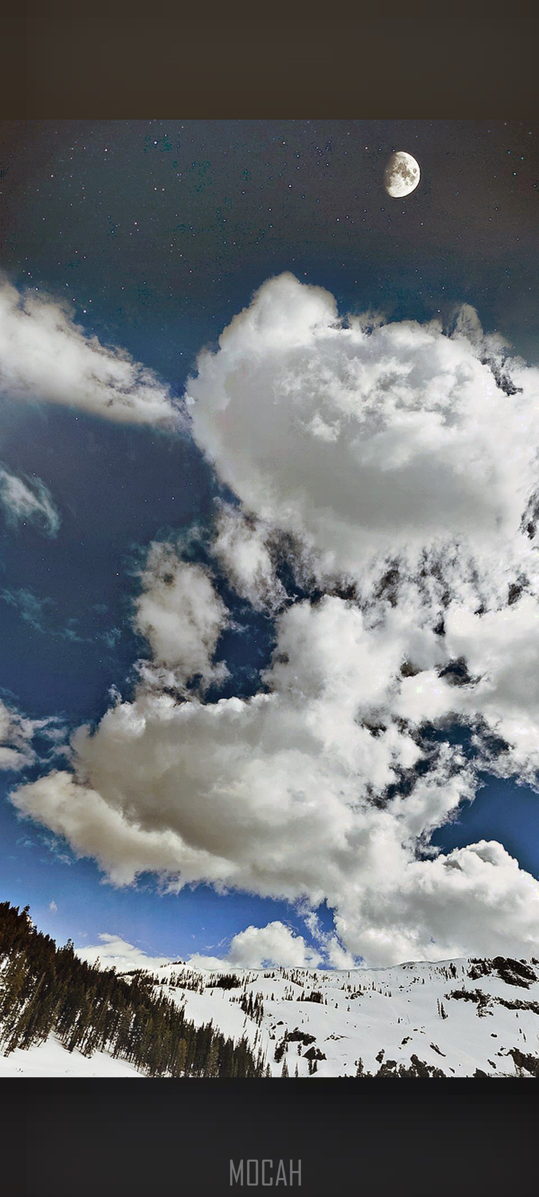 Moon and Clouds over Snowy Mountains HD Phone Wallpaper