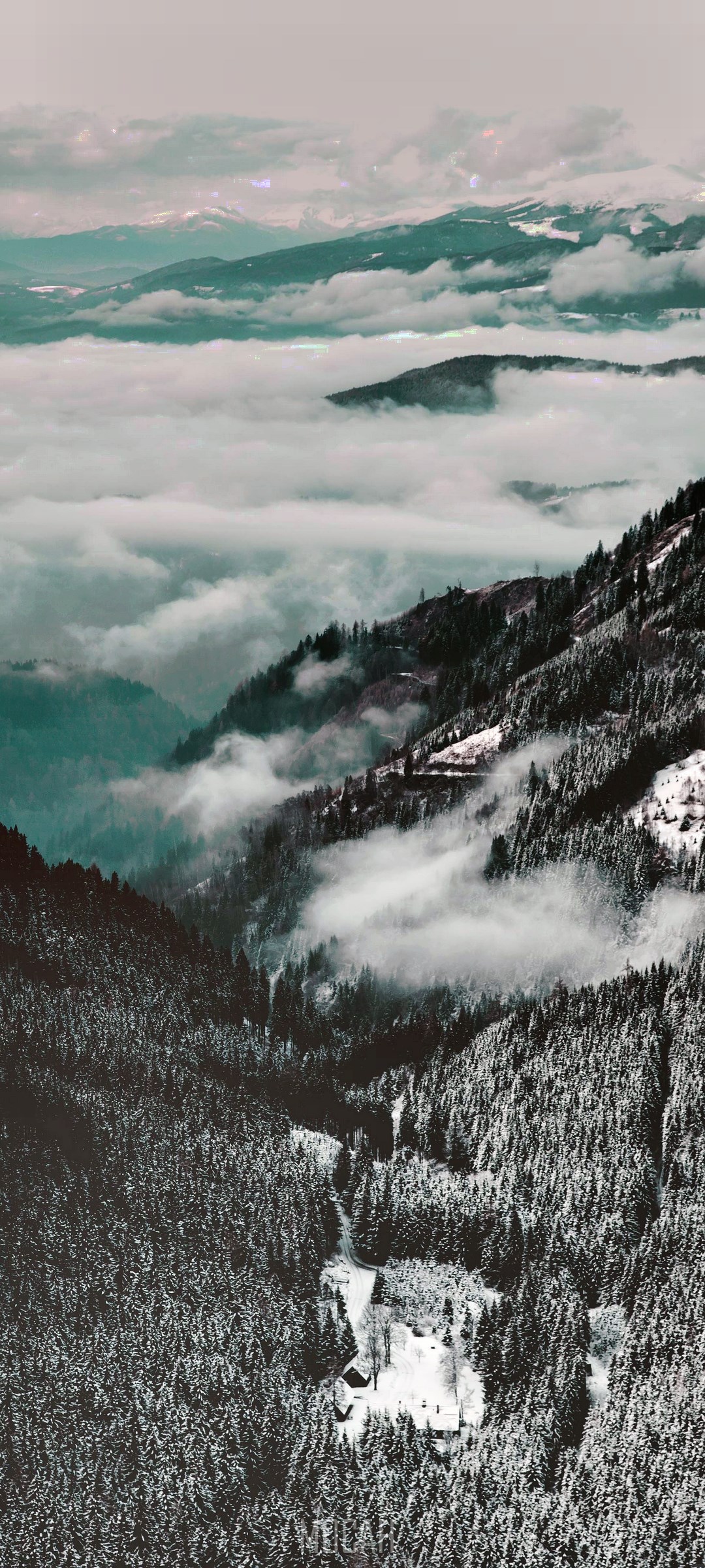 Snowy mountains with clouds and forest HD Phone Wallpaper