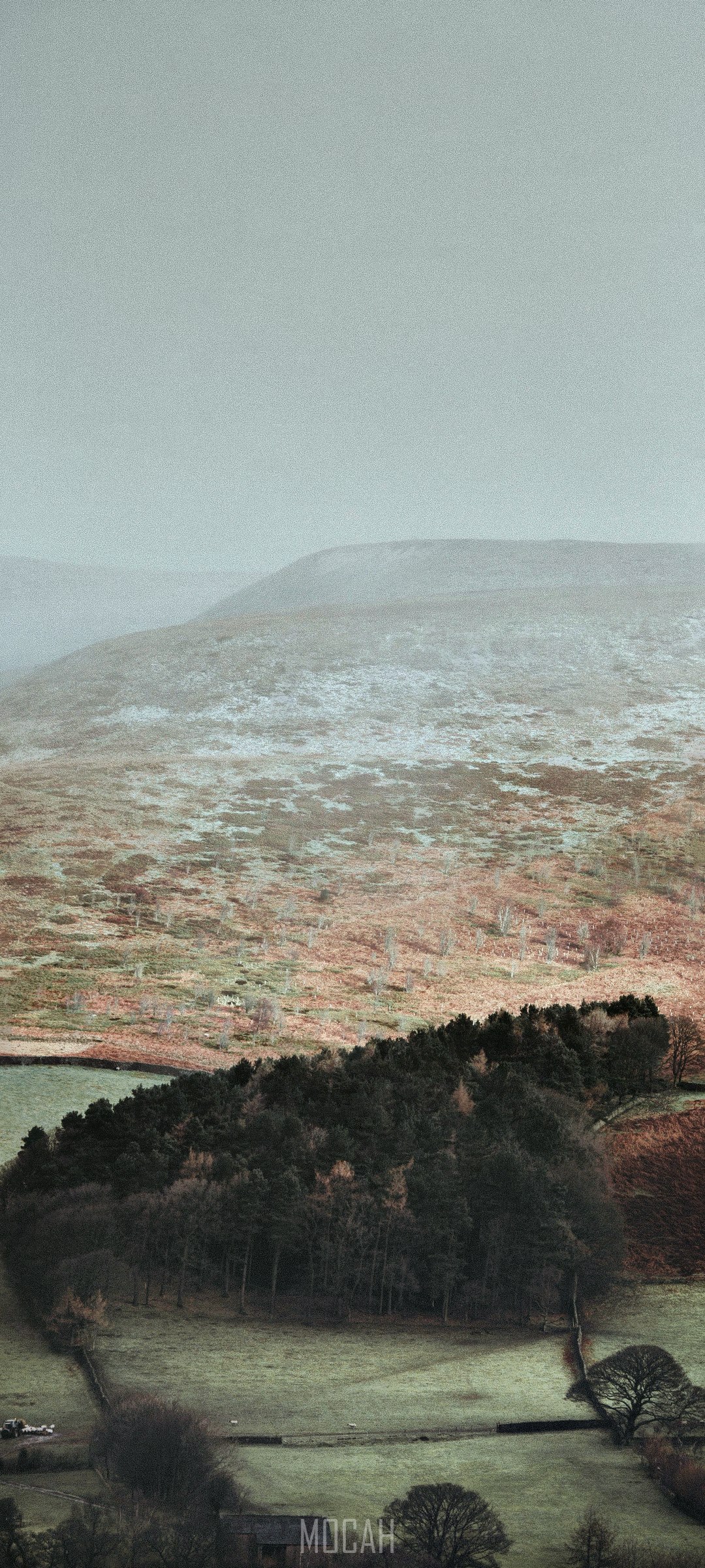 Misty hills with snow patches and a forest HD Phone Wallpaper