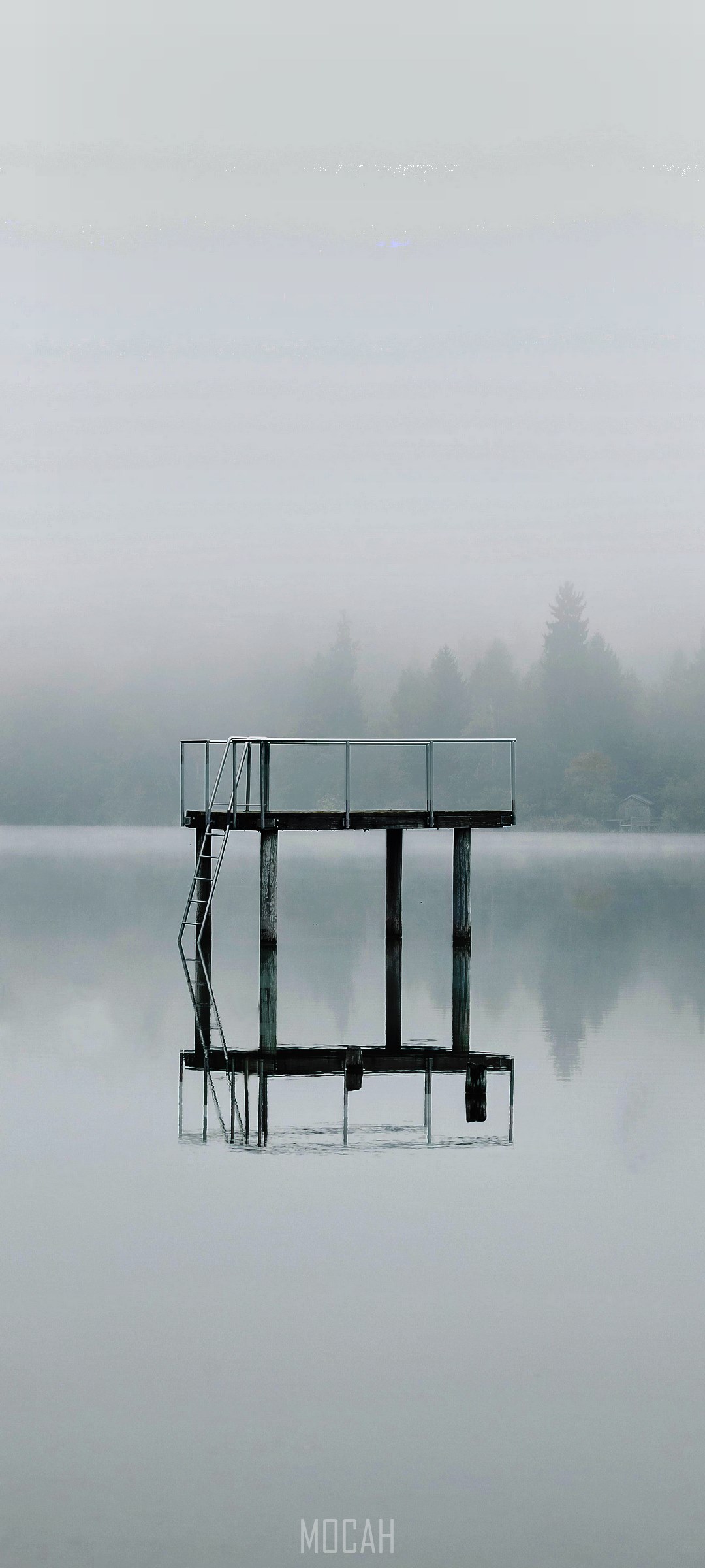 Foggy lake with a diving platform HD Phone Wallpaper
