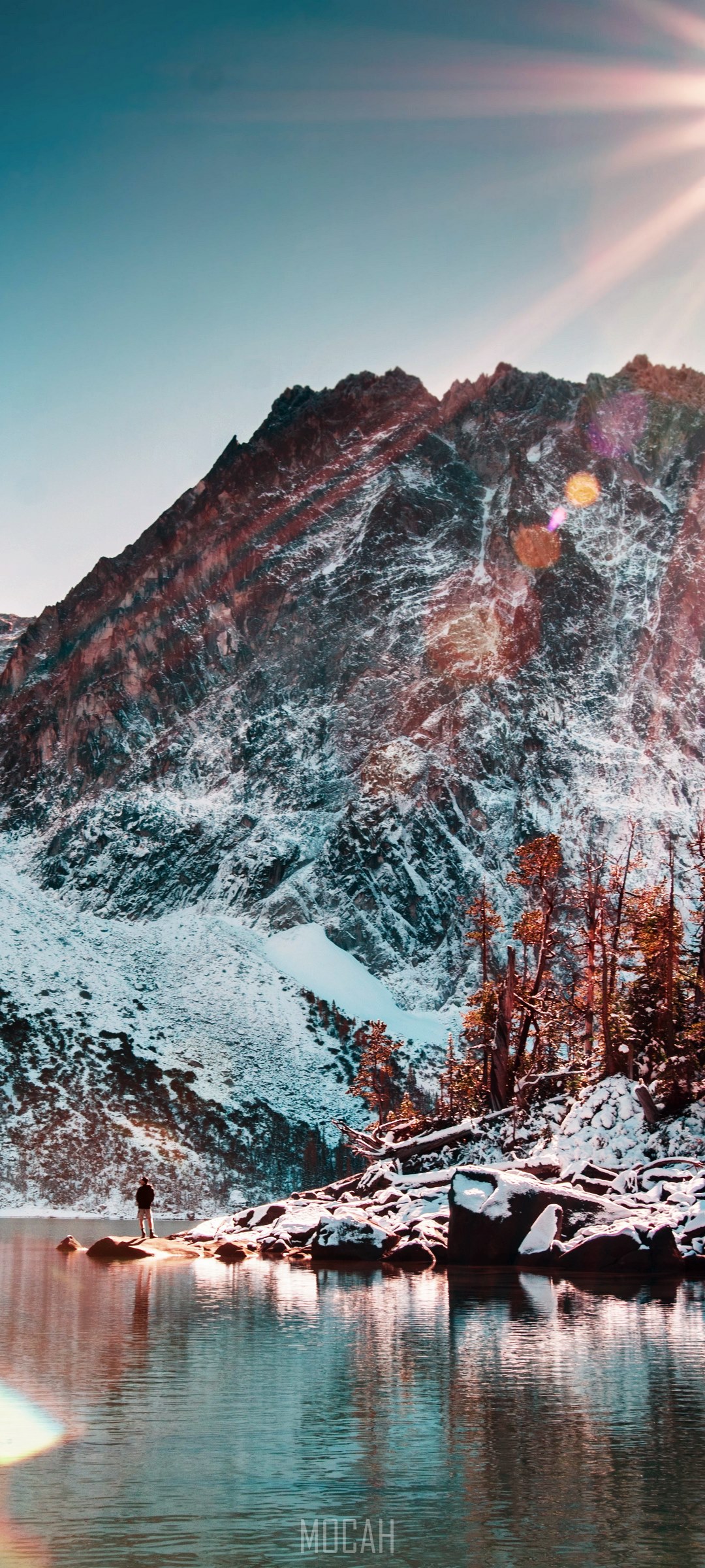 Person by Colchuck Lake with Snowy Mountains HD Phone Wallpaper