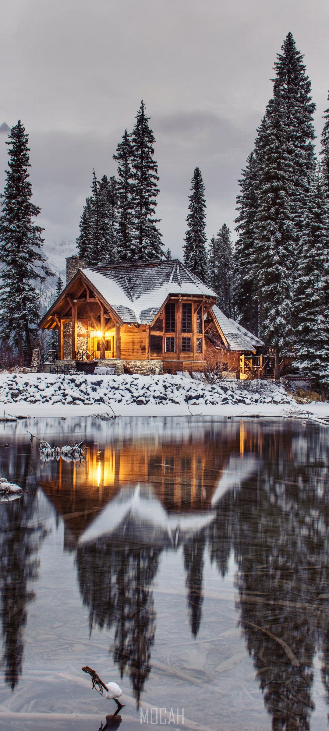 Wooden cabin by a lake in winter HD Phone Wallpaper