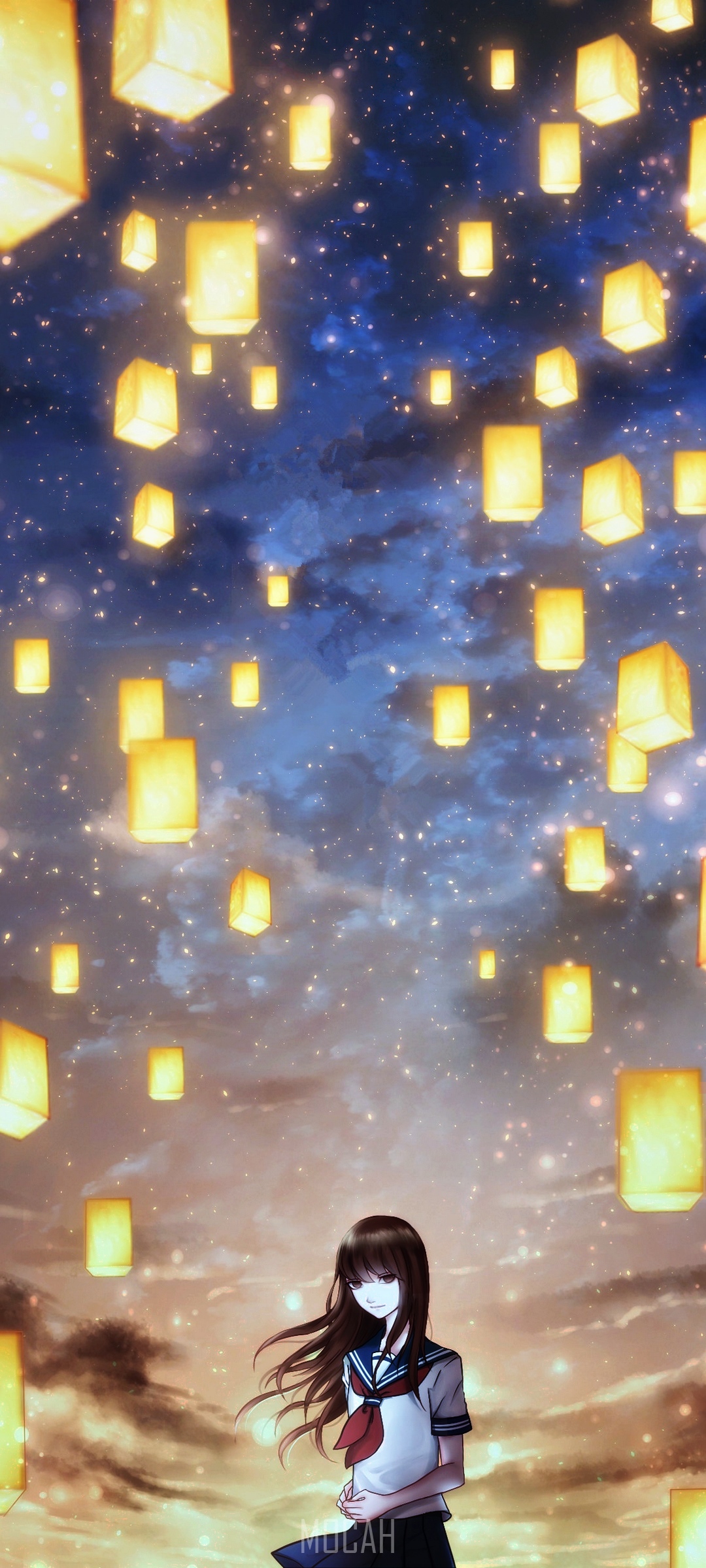 Anime girl with lanterns in the sky HD Phone Wallpaper
