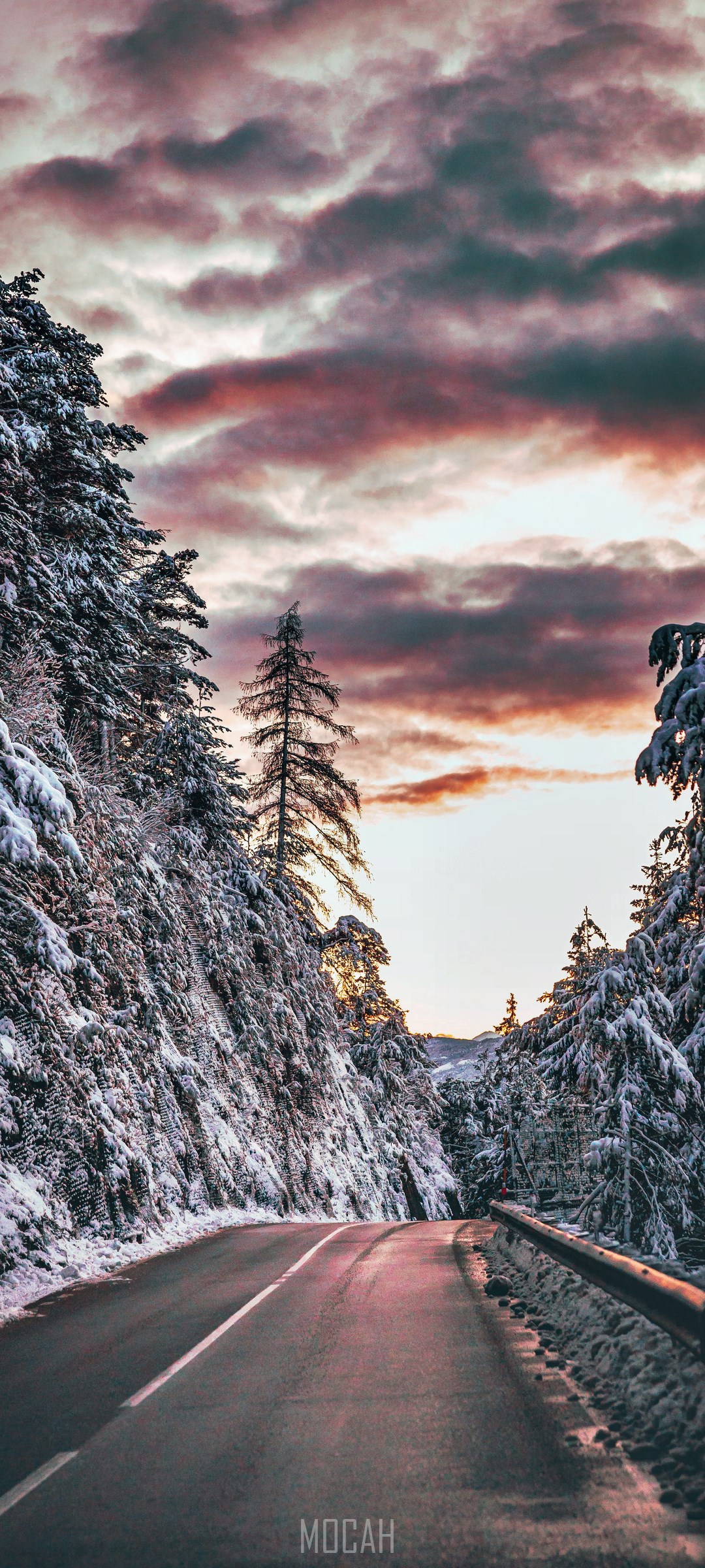 Snowy Mountain Road at Sunrise HD Phone Wallpaper