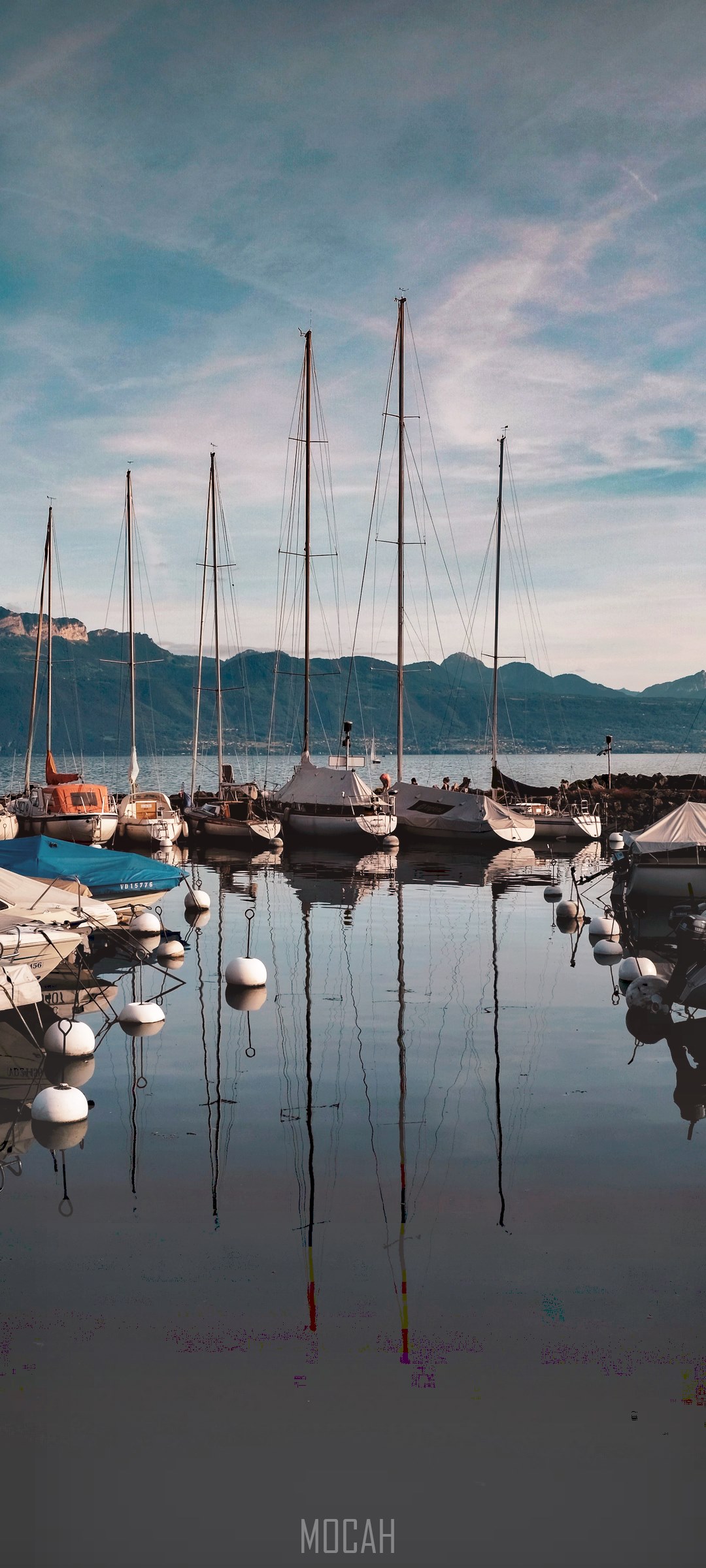 Sailboats docked in a harbor with mountains in the background HD Phone Wallpaper