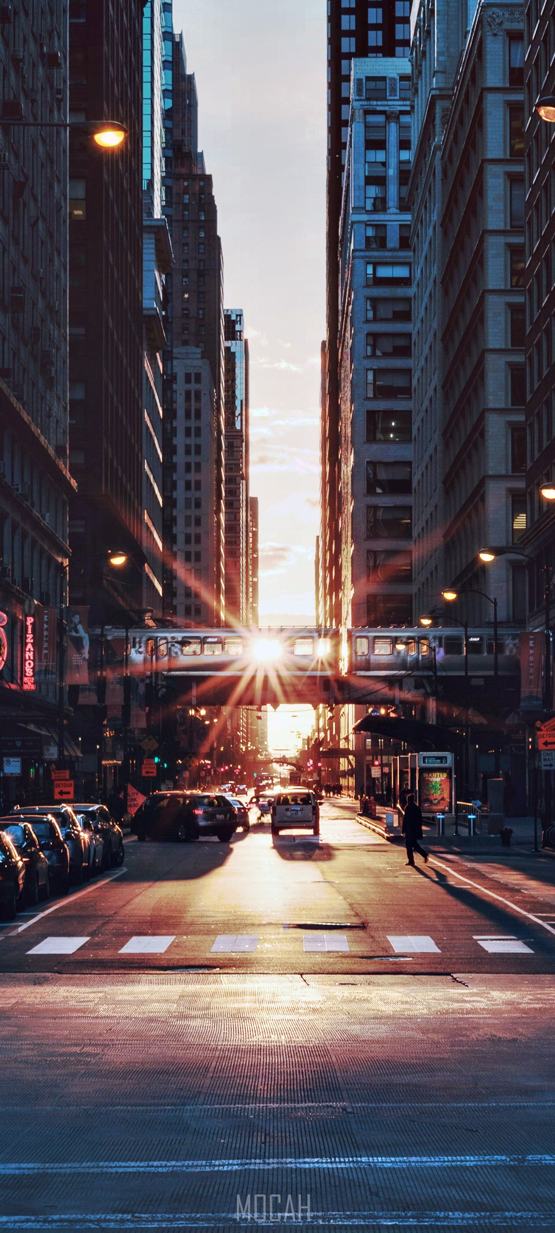 Sunset over downtown Chicago street with elevated train HD Phone Wallpaper