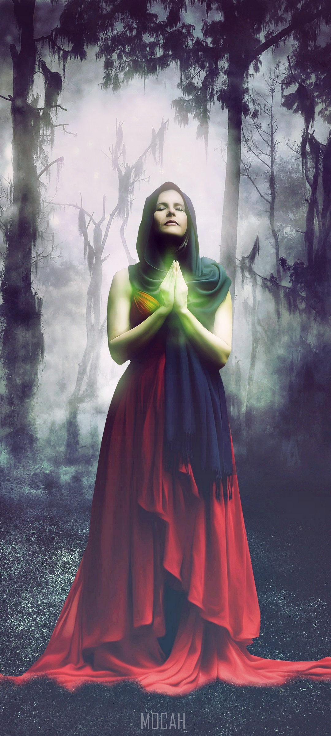 Fantasy girl praying in a misty forest HD Phone Wallpaper
