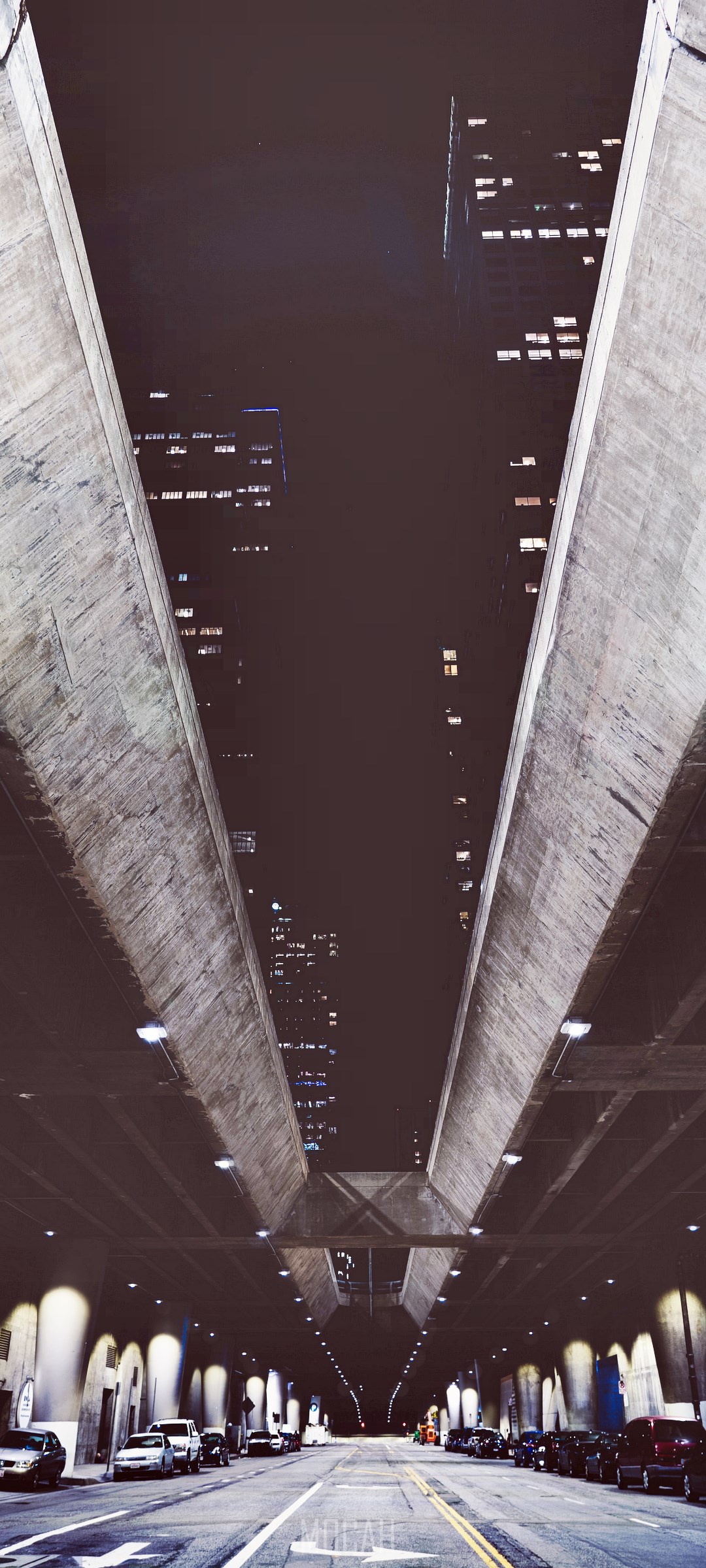 Los Angeles night cityscape under concrete infrastructure HD Phone Wallpaper