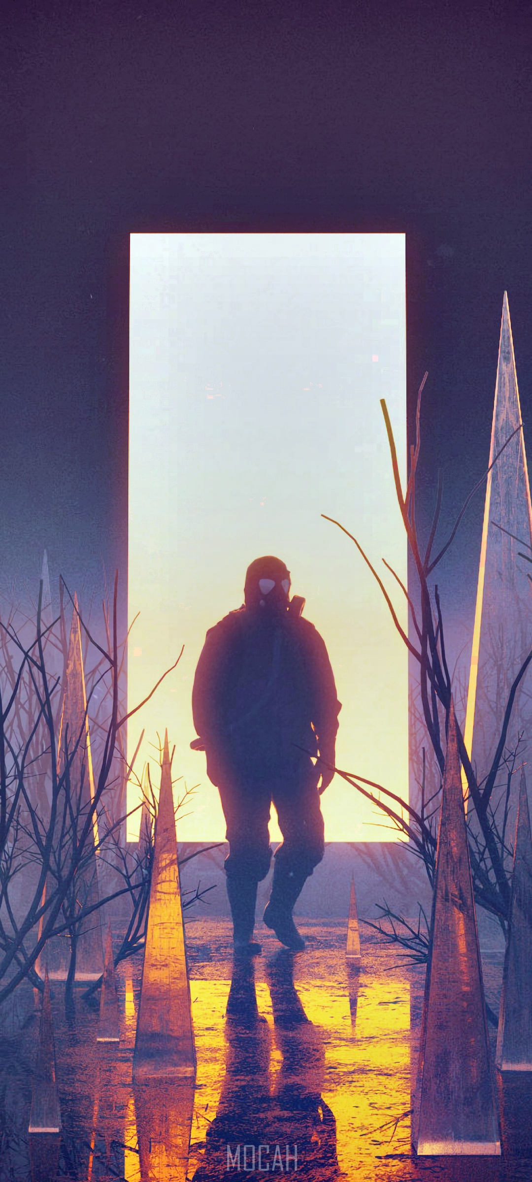 Figure in hazmat suit walking through a surreal landscape HD Phone Wallpaper